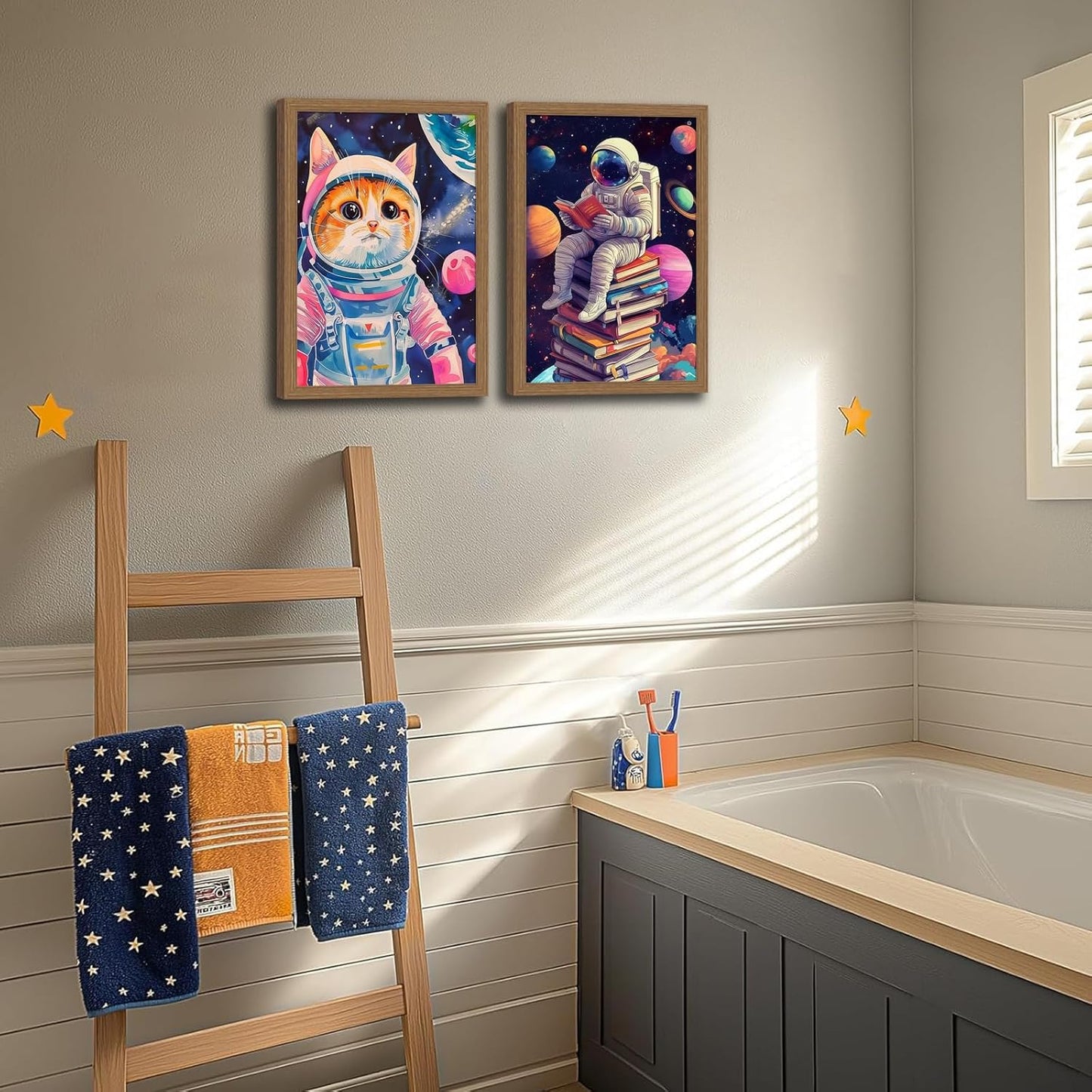 2Pcs Framed wooden Funny Cat Wall Art Astronaut Posters for Kids, Whimsical Cat In Space Canvas Printing Poster for Room Aesthetic, Colorful Kids and Nursery Art 12x16in