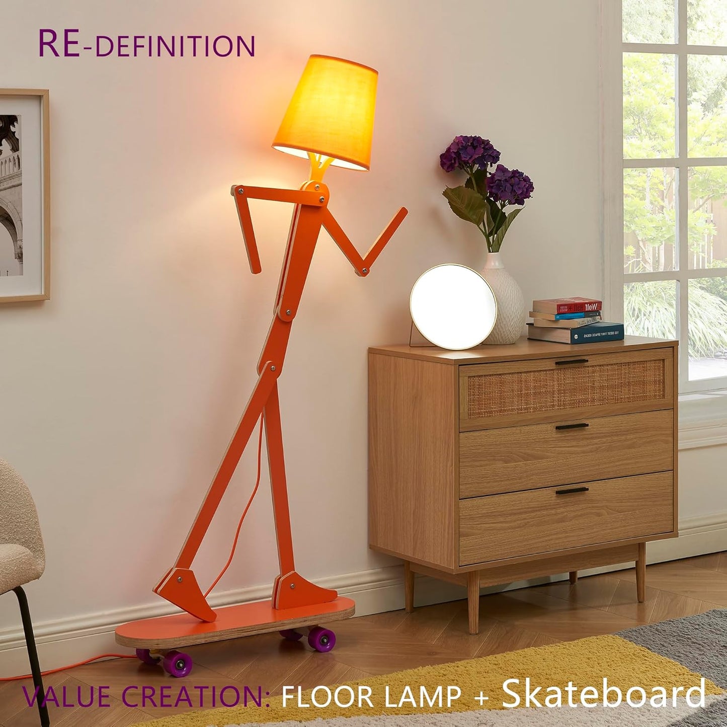 Cool Wood Floor Lamp for Living Room Bedroom Kids Bedside - Unique Office Decorative Corner Reading Standing Swing Arm Light for House Home Gift Ideas - LED Bulb Included (Orange-Skateboard)