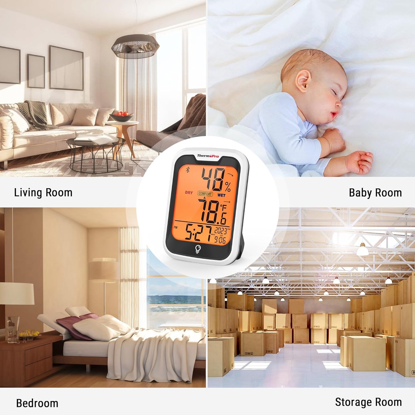 ThermoPro TP358 Bluetooth Thermometer for Room Temperature with Built-in Clock, Smart Temperature Sensor and Humidity Meter with Backlit, 260Ft Hygrometer Indoor Thermometer with Data Storage Export