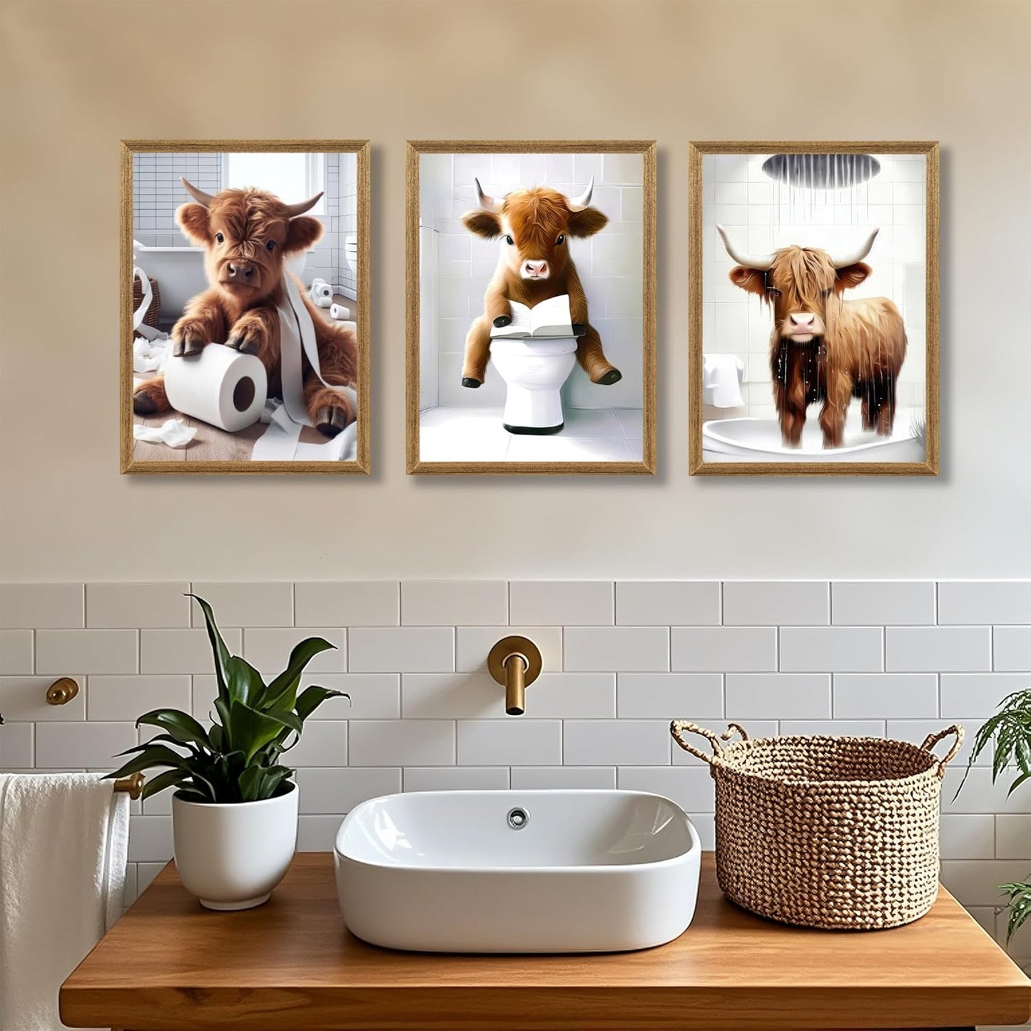 FYLDPSB 3Pcs Framed Little Highland Cow Bathroom Canvas Wall Art, Funny Signs Animal Wall Decor, Rustic Cute Poster Prints for Bathroom Restroom Decor 24''L x 16''W