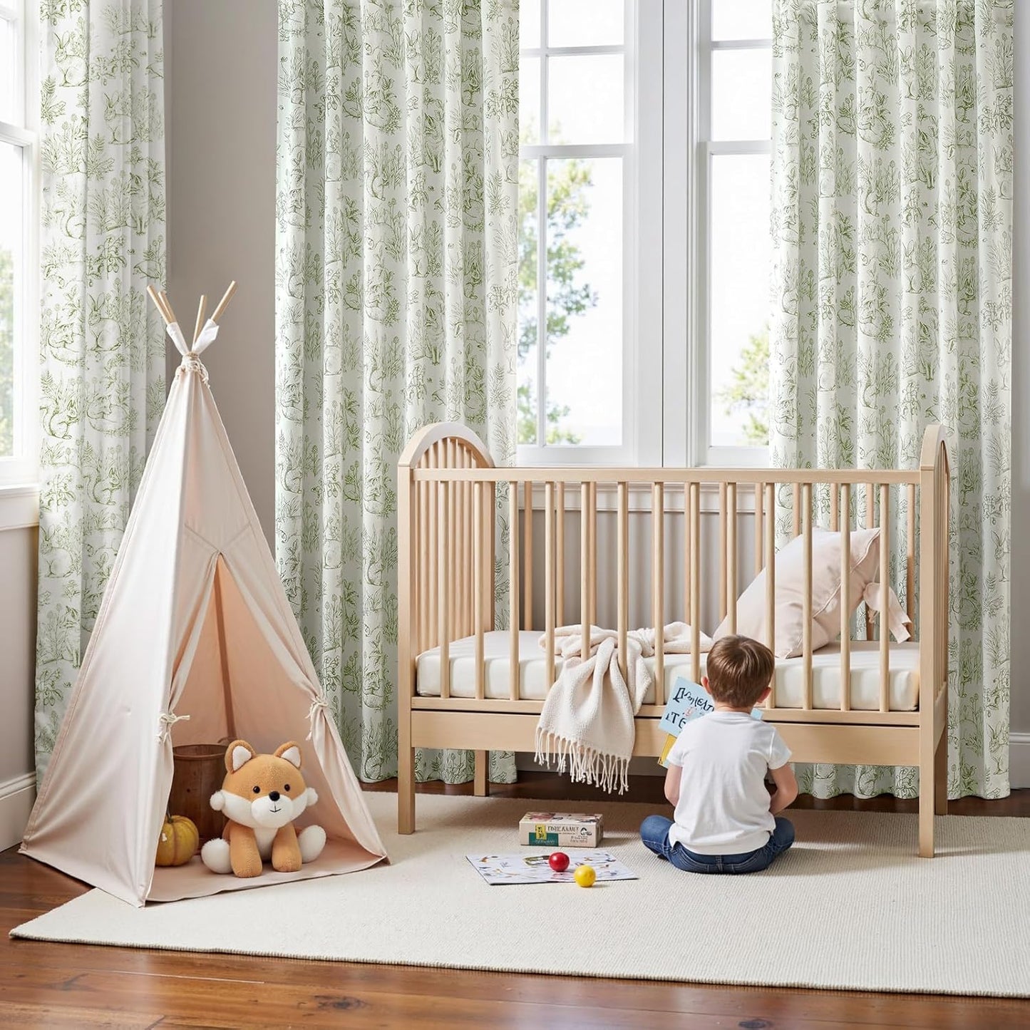 JINCHAN 95% Blackout Nursery Curtains 84 Inches Long, Bunny Woodland Toile Easter Decor Curtains Sage Green on Beige Animal Printed Drapes Bedroom Spring Decoration Farmhouse Window Treatment 2 Panels