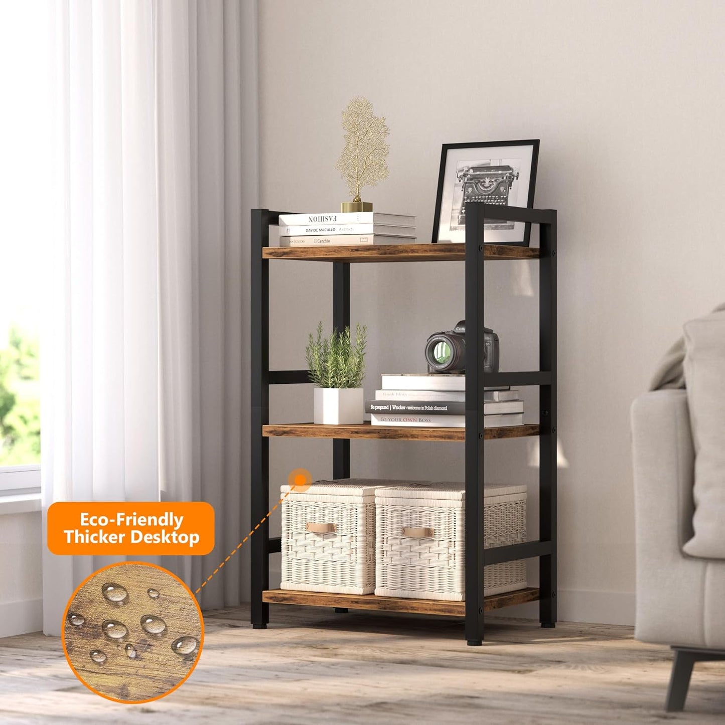 Book Shelf, 3 Tier Bookcase with Steel Frame, Stable Bookshelf Narrow Book Shelves Storage Organizer for Book CD Movie, Open Book Shelves for Living Room, Home Office, Study, Rustic Brown