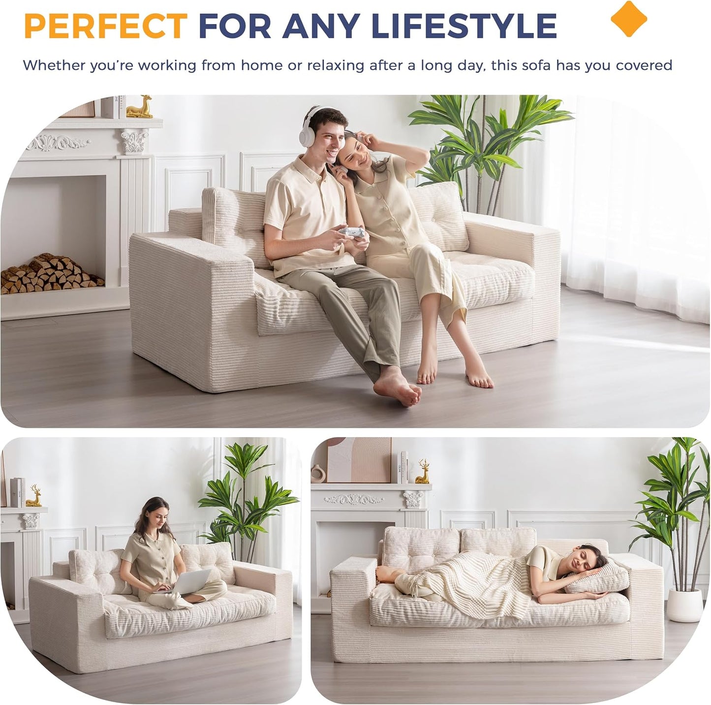 MAXYOYO 3-Seater Boneless Sofa Couch, Tufted Corded Sofa Lounge for Living Room, Comfy Bean Bag Chair High-Density Foam Couch with Pillows, No Assembly Required