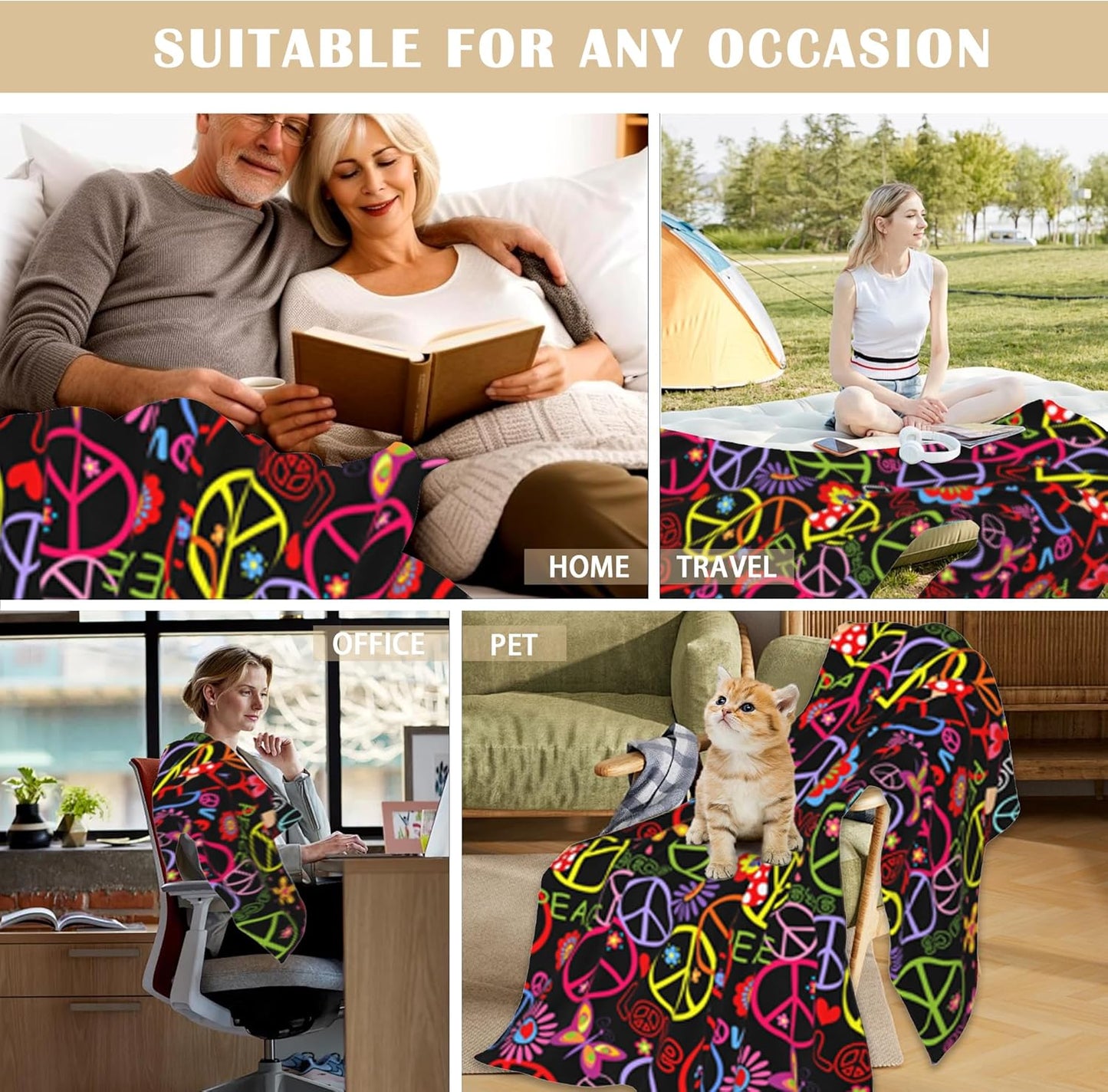 Elightvap Blanket Hippie Peace Mushroom Butterfly Flower Blankets Warm Lightweight Throw Blanket All-Season for Couch Bed Man Women Girl 50"x60"