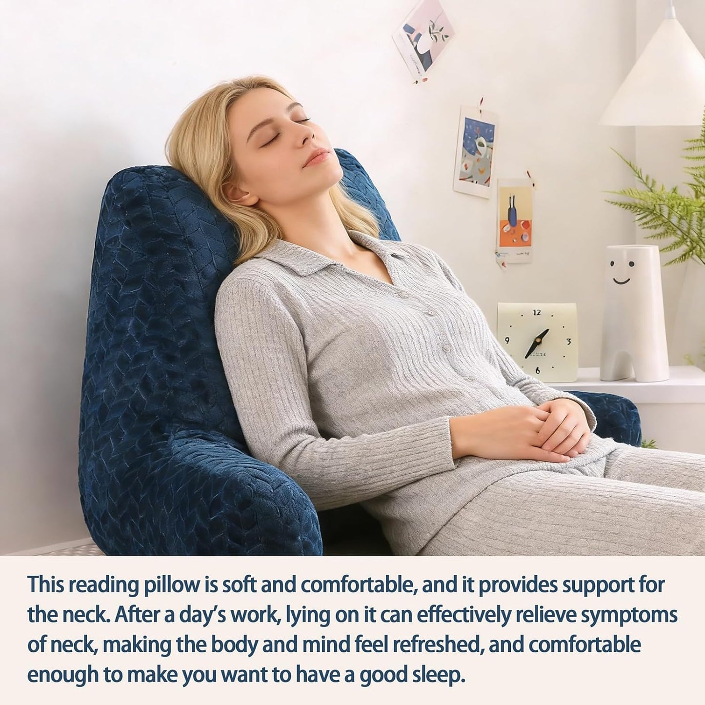 Adult Bed Reading Pillow, Filled with Memory Foam Backrest Pillow, with Armrests to Support The Back and Arms, Suitable for Sofas and Seats, Removable Pillowcase, Blue