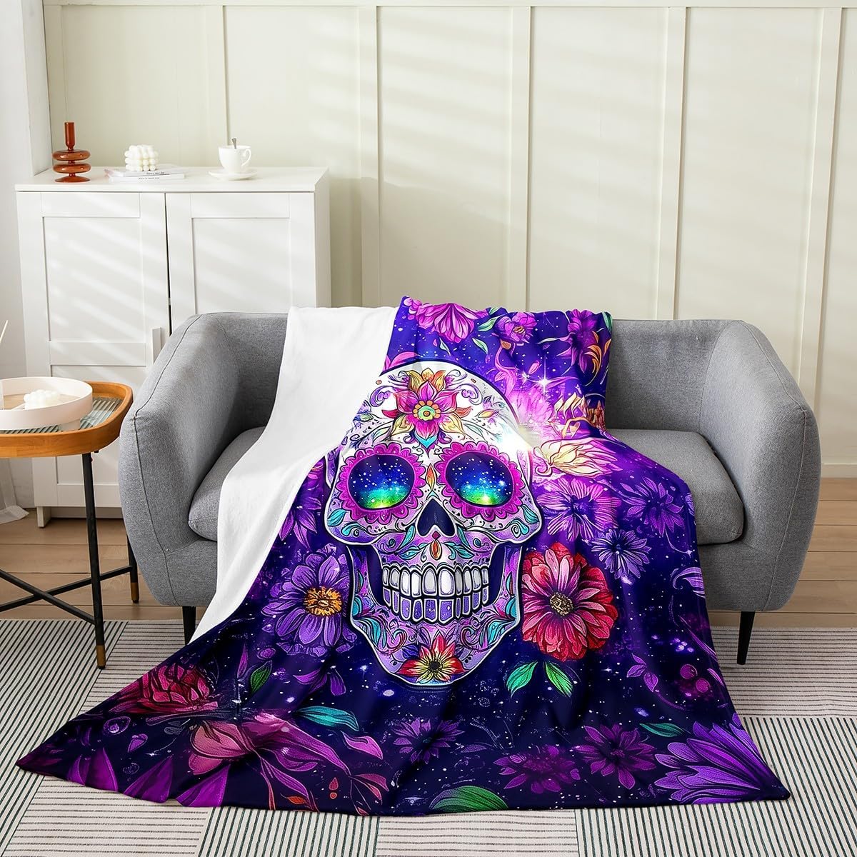 Erosebridal Sugar Skull Blanket Throw 50x60,Daisy Flower Floral Botanical Throw Blanket,Halloween Gothic Skeleton Bones Blossoms Flannel Fleece Blanket,Trippy Hippie Floral Skull Print Blanket,Purple
