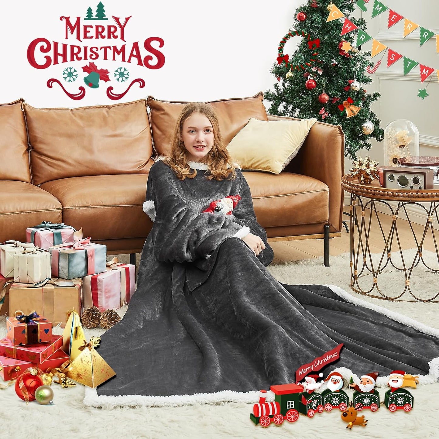 HOSUKKO Sherpa Wearable Blanket Hoodie for Adults - Oversized comfy blanket hoodie with Pockets - Super Soft Gift for Mom Wife - Grey