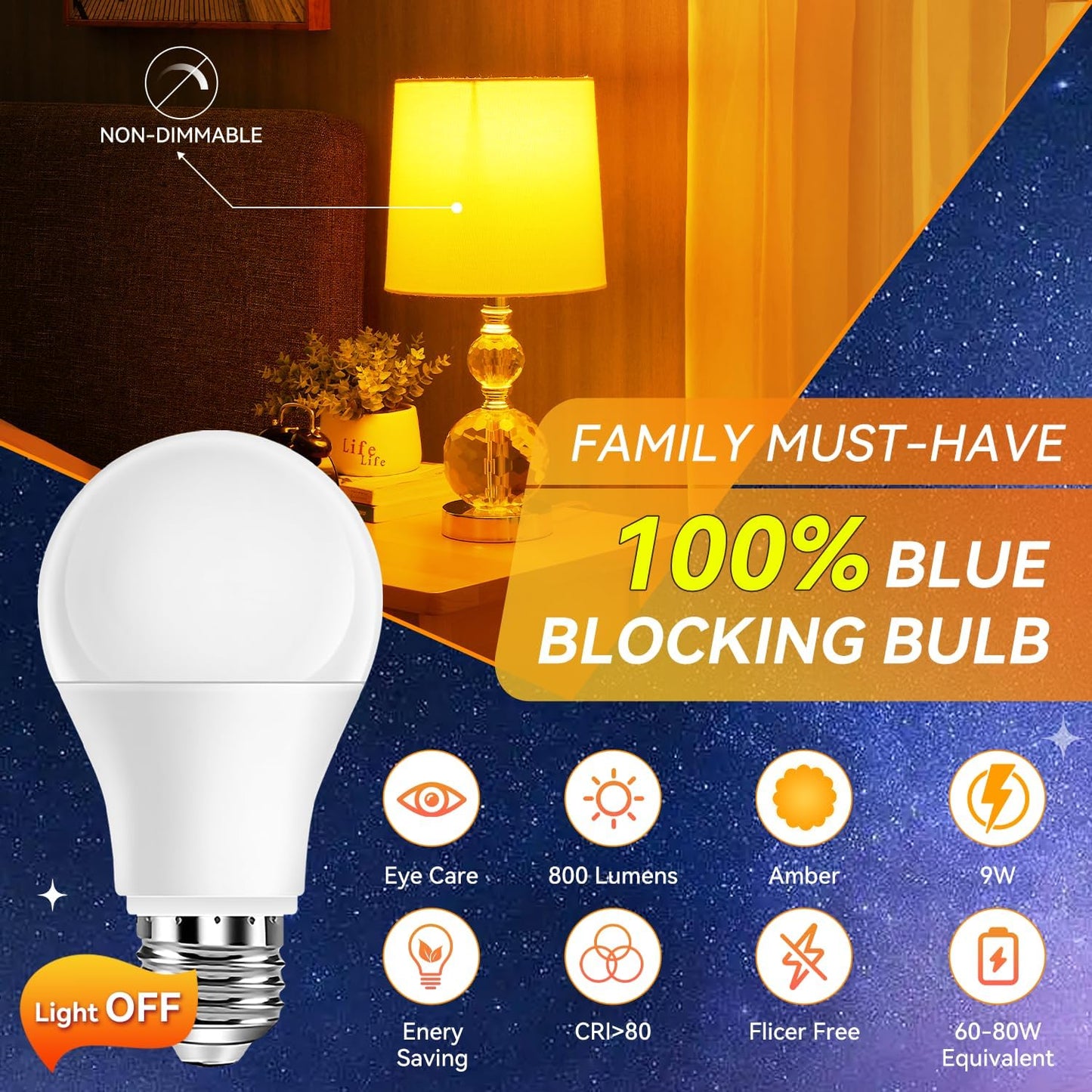 Neporal Amber Sleep Light Bulbs 1800K 4PK, 9W 60 Watt Equivalent, 99.96% Blue Blocking Soft Warm Light Bulbs A19, Amber Night Light E26 for Bedroom and Baby Nursery Light