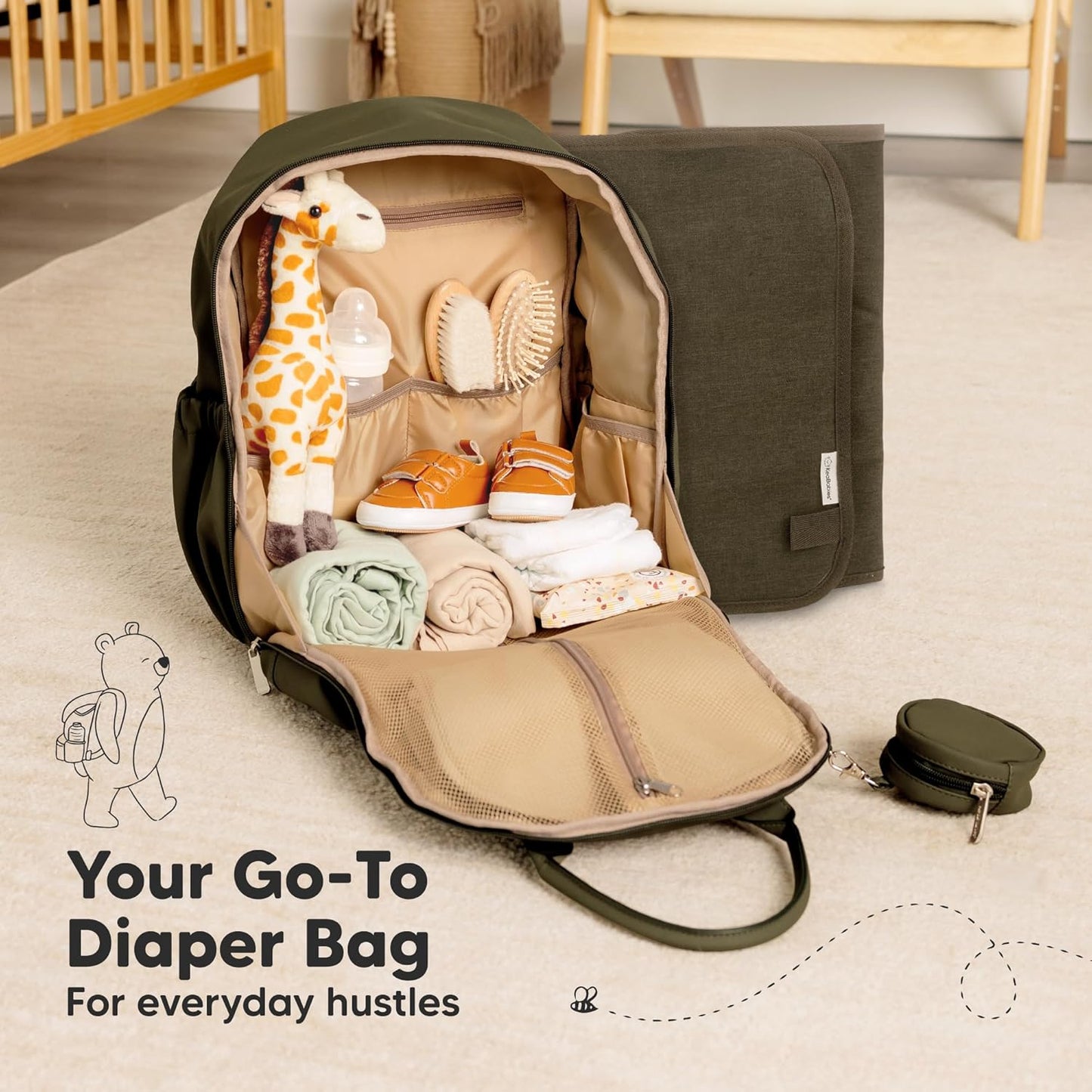 KeaBabies Diaper Bag Backpack - Multifunctional Travel Diaper Back Packs, Maternity Baby Changing Bags, Compact 18L Capacity, PU Leather, Waterproof, Unisex, Nappy Changing Pad (Dark Olive)