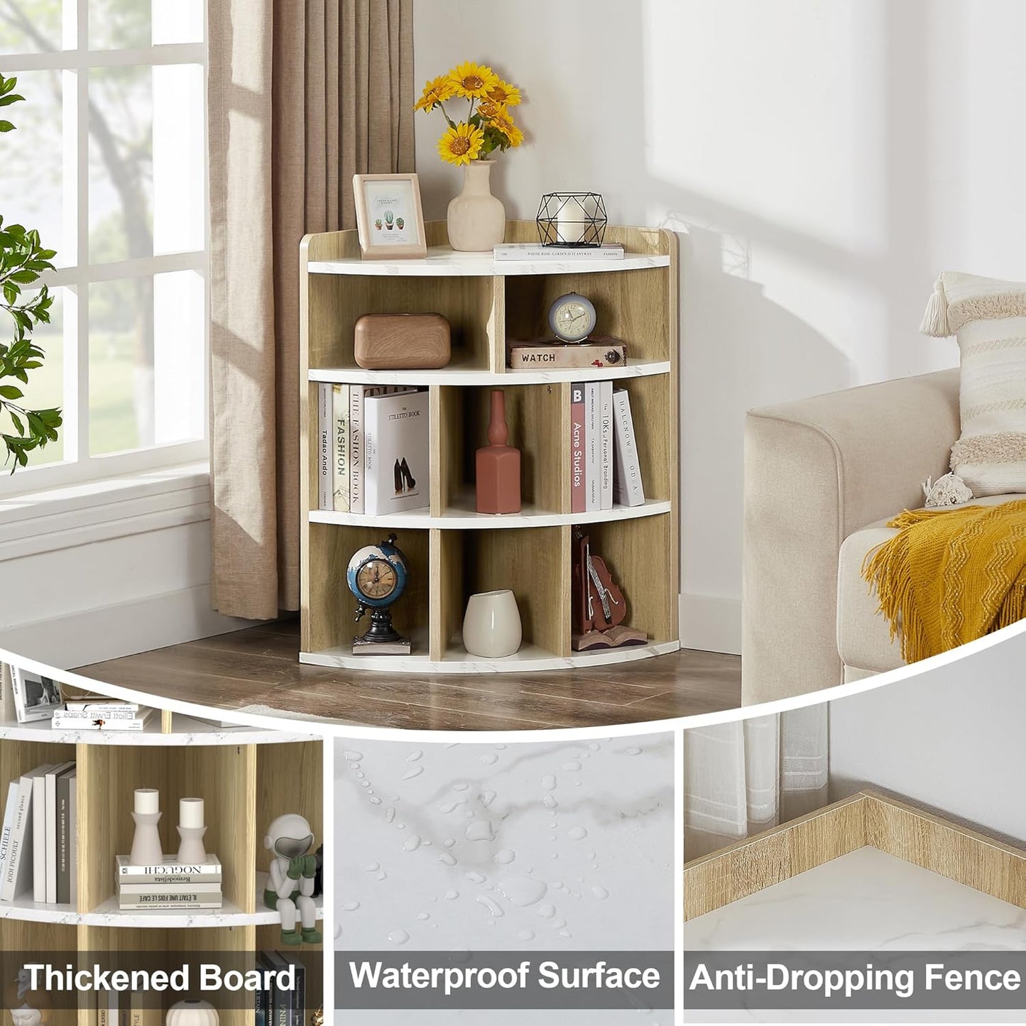 VECELO 3-Tier Corner Cabinet with 8 Cubbies, Wooden Cube Storage Organizer, Modern Bookshelf Units for Playroom, Bedroom, Living Room, Marble White