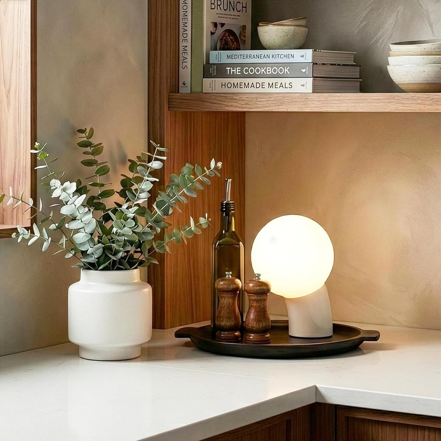 Brightech Vino LED Table Lamp - Small 8" Modern Dimmable Metal Lamp with USB-C Charging, Frosted Glass Globe Shade - Warm White Accent Light for Bedroom, Living Room, Bedside, Nightstand - Cream