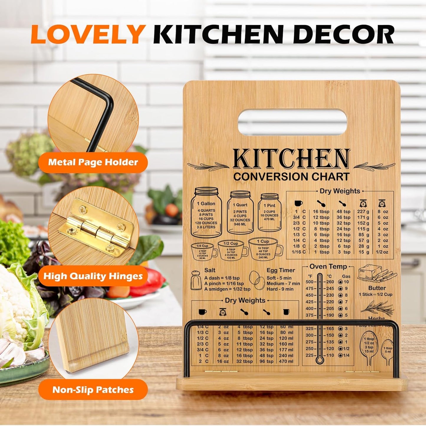 Bamboo Cookbook Stand for Kitchen Counter, Recipe Book Holder with Measurement Conversion Chart, Adjustable Cookbook Holder, Essential Accessories Women Gifts for Easter Birthday Mothers Day