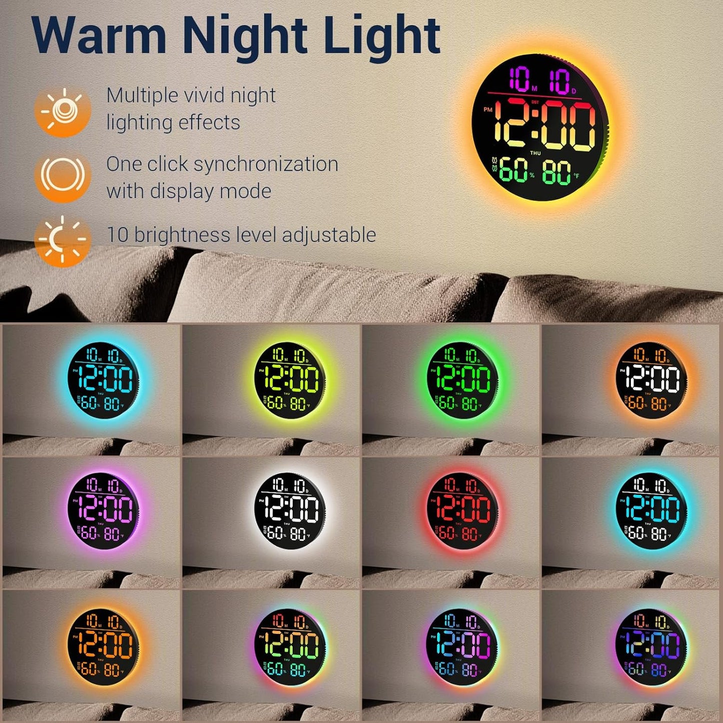 10" Large Digital Wall Clock: 13 RGB Color Changing LED Modern Clock with Remote, Auto-Dimming Large Display for Seniors, Date Temp Timer, Aesthetic Wall Decor for Classroom Dorm Gym Office