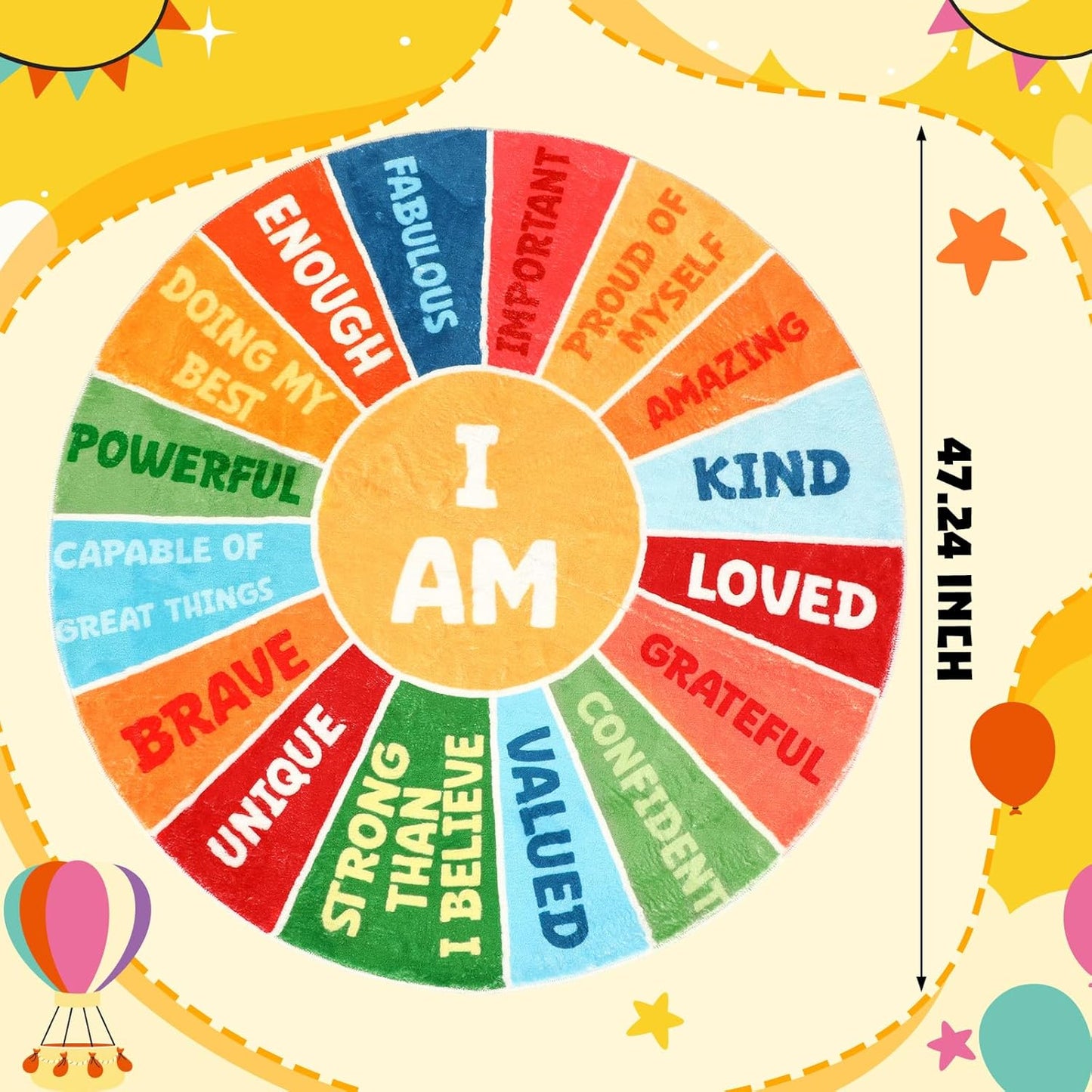 Corner Boho Nursery Sun Rug Positive Words Round 4 ft for Kids Playroom Washable Educational Rug Motivational Soft Circle Mat Back to School for Classroom Reading Dorm(Rainbow Color)