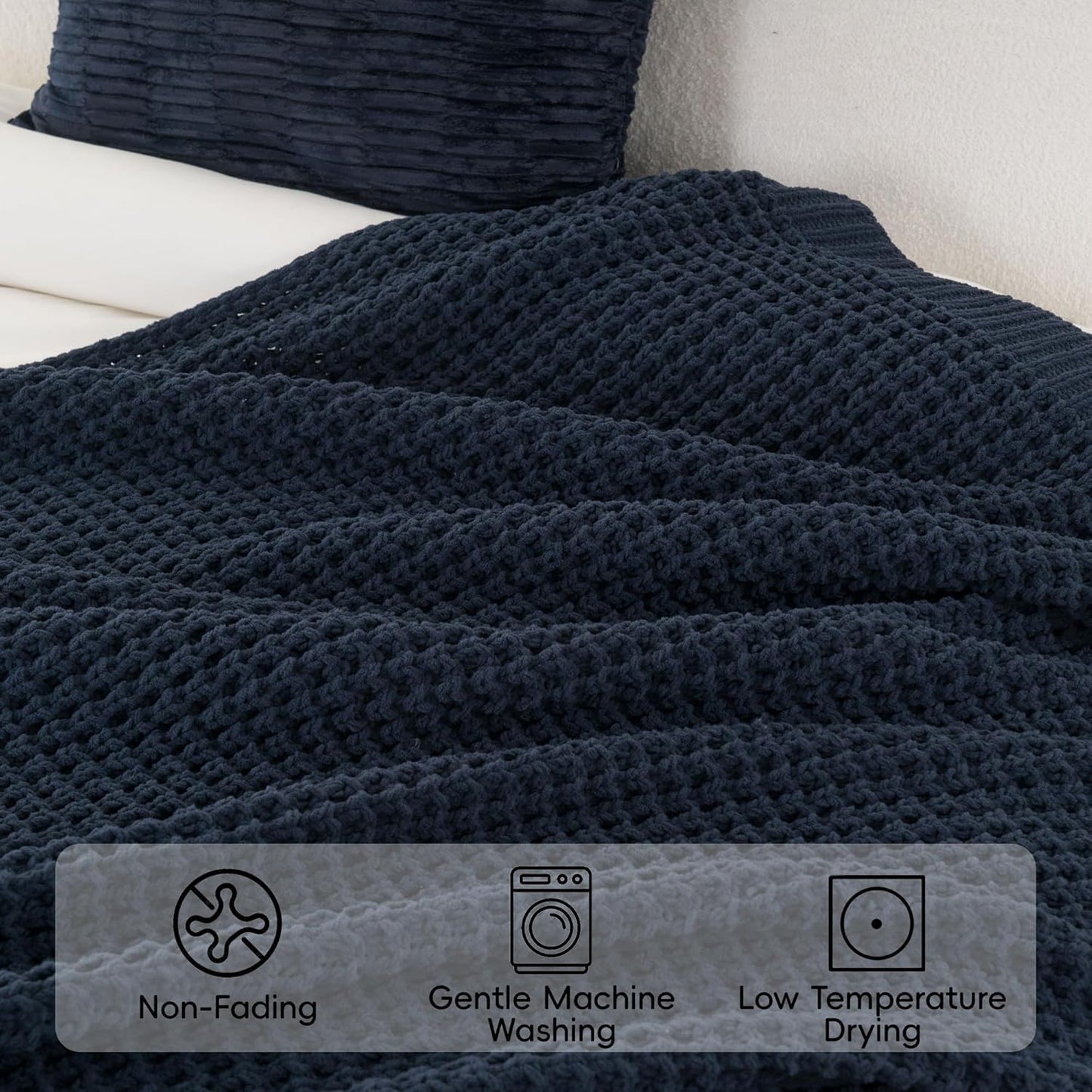 Bunnikins & Clover Navy Blue Throw Blanket for Couch, Knitted Blue Blanket Throw 50''x60'', Super Soft Waffle Navy Throws for Chair Sofa Home Decor
