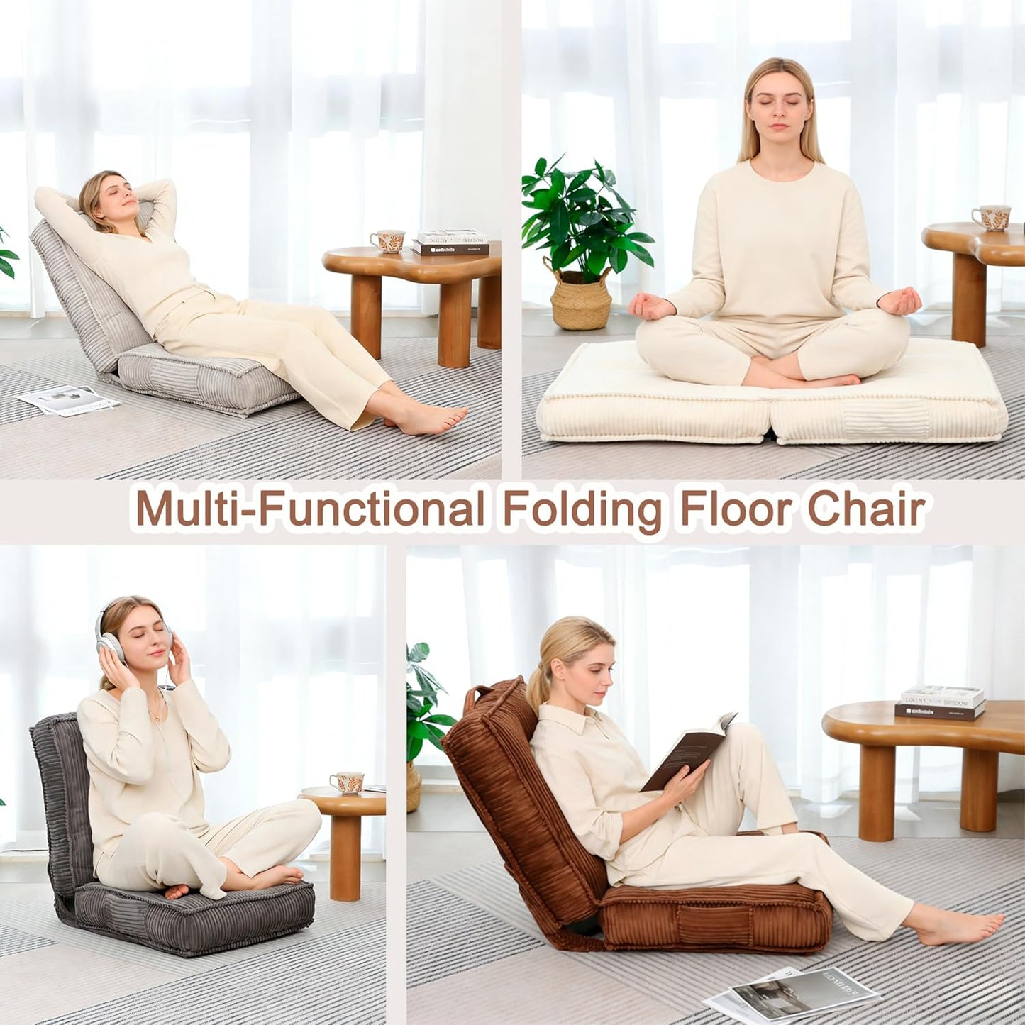 Adjustable Floor Chair with Back Support, 6-Position, Folding Meditation Chair, Floor Sofa Chairs for Adults, Comfy Accent Chairs for Reading, Gaming, Living Room, Bedroom, Light Grey