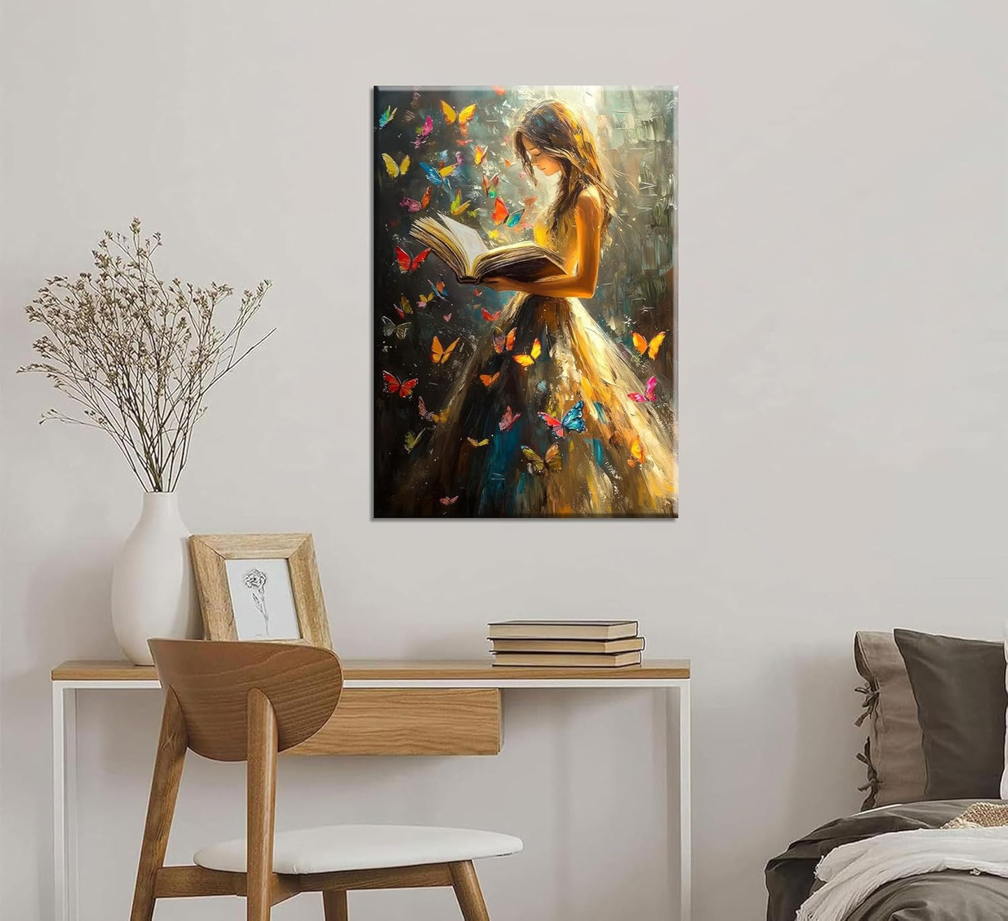 Reading Girl Canvas Wall Art Colorful Butterfly and Victorian Girls Wall DecorGirls Room Poster Print Vintage Book Artwork Painting Pictures for Reading Room Living Room Bedroom Ready to Hang