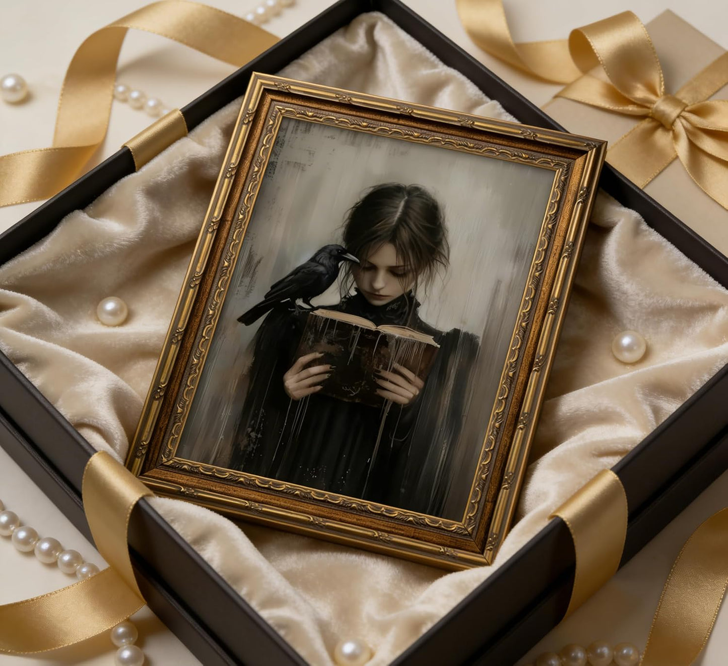 Vintage Gold Framed Girl Reading Book Canvas Wall Art Dark Academia Gothic Raven Painting Picture Wall Decor Retro Victorian Woman Poster Print Artwork for Living Room Bedroom Home Decoration
