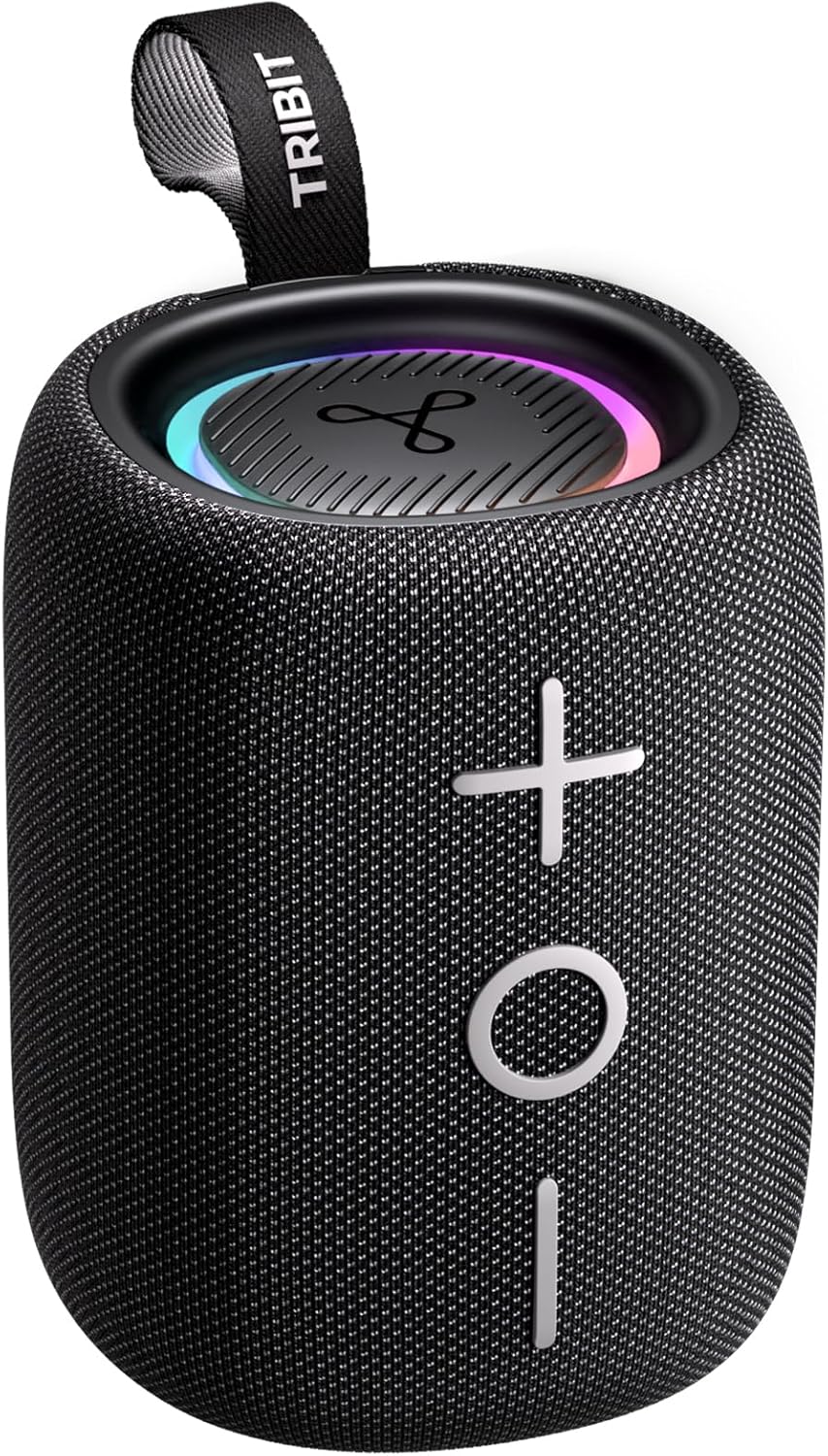 Tribit StormBox Mini+ Portable Bluetooth Speaker, 12W Wireless Speaker with 360°Surround Sound, 12H Playtime, Custom EQ, BT5.4, IPX7 Waterproof, RGB Lights, Type-C, TWS, AAC/SBC, Home/Outdoor/Travel