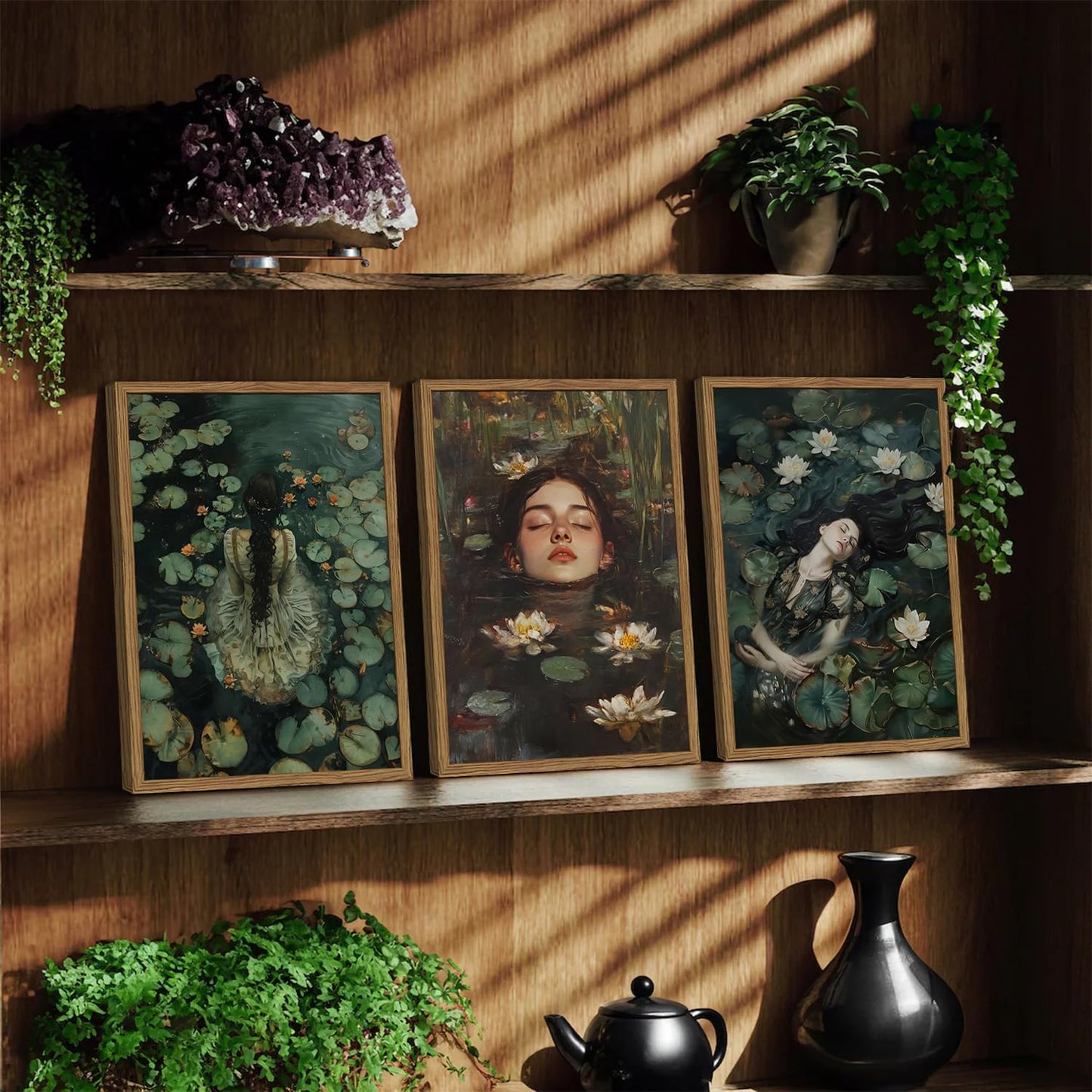 Ophelia Gothic Wall Art Set of 3, Moody Victorian Lake Wall Decor Painting, Dark Romantic Cottagecore Poster Canvas Prints Artwork for Bedroom Living Room 16x24 inch Framed