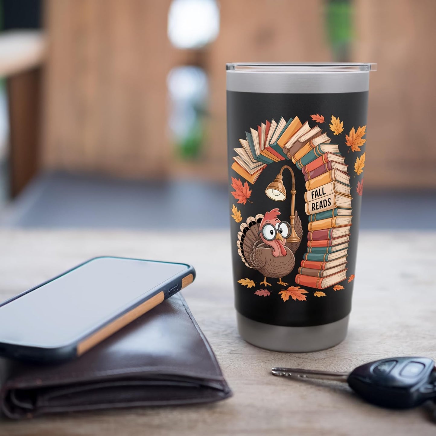 Fall Reads Turkey Book Stack Autumn Leaves Stainless Steel Insulated Tumbler