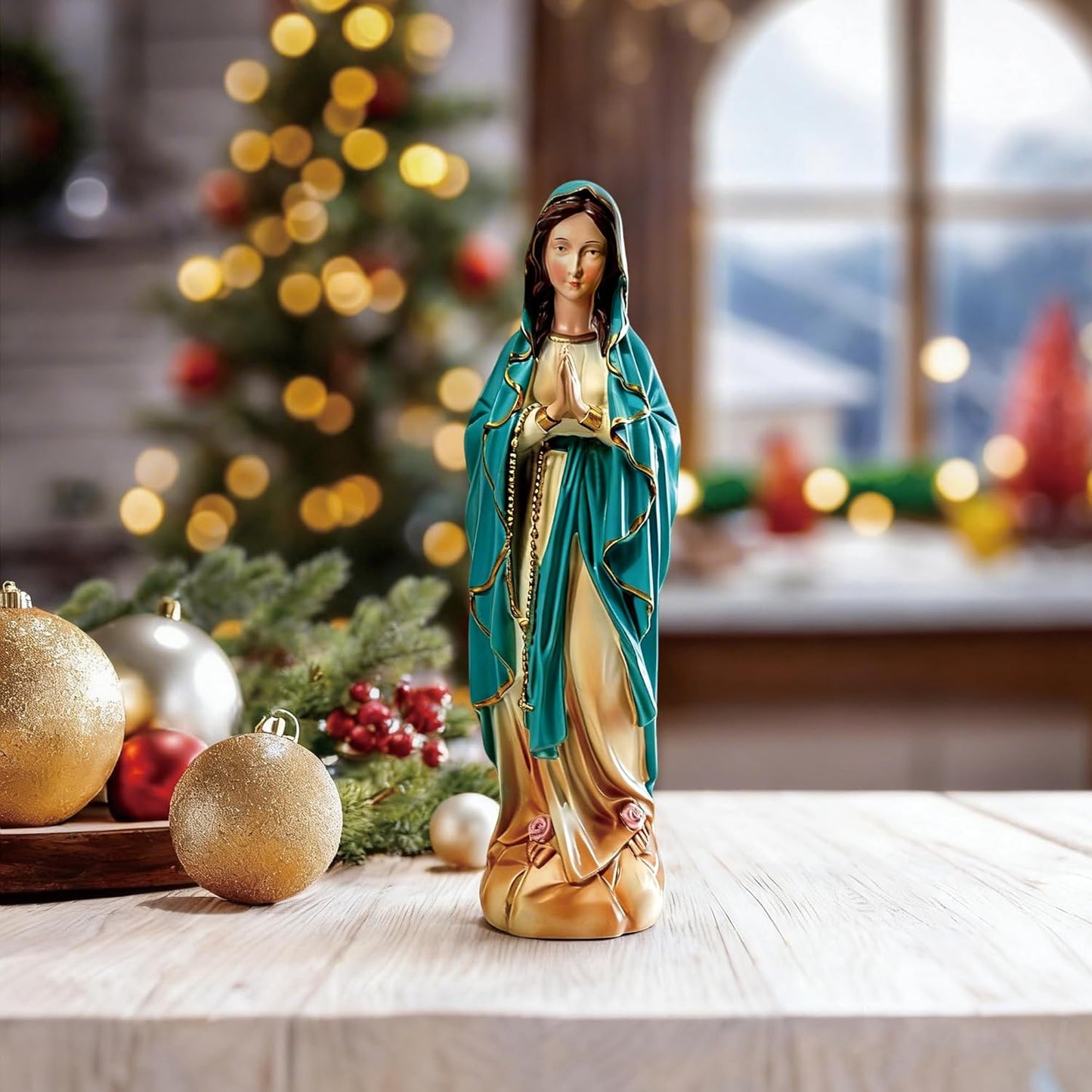 11 Inch Virgin Mary Praying Statue, Symbol of Peace and Faith, Handcrafted Teal Blue Robe Decor for Home, Mantel, Prayer Corner, Entryway Table, Bookshelf, Prayer Space and Chapel