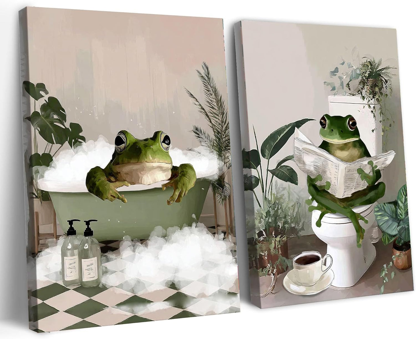 Frimeeme Set of 2 Funny Frog Bathroom Canvas Wall Art, Funky Frog in Bath Wall Decor，Green Bathroom Canvas Prints Decor Pictures Aesthetic Framed,12x16 inches