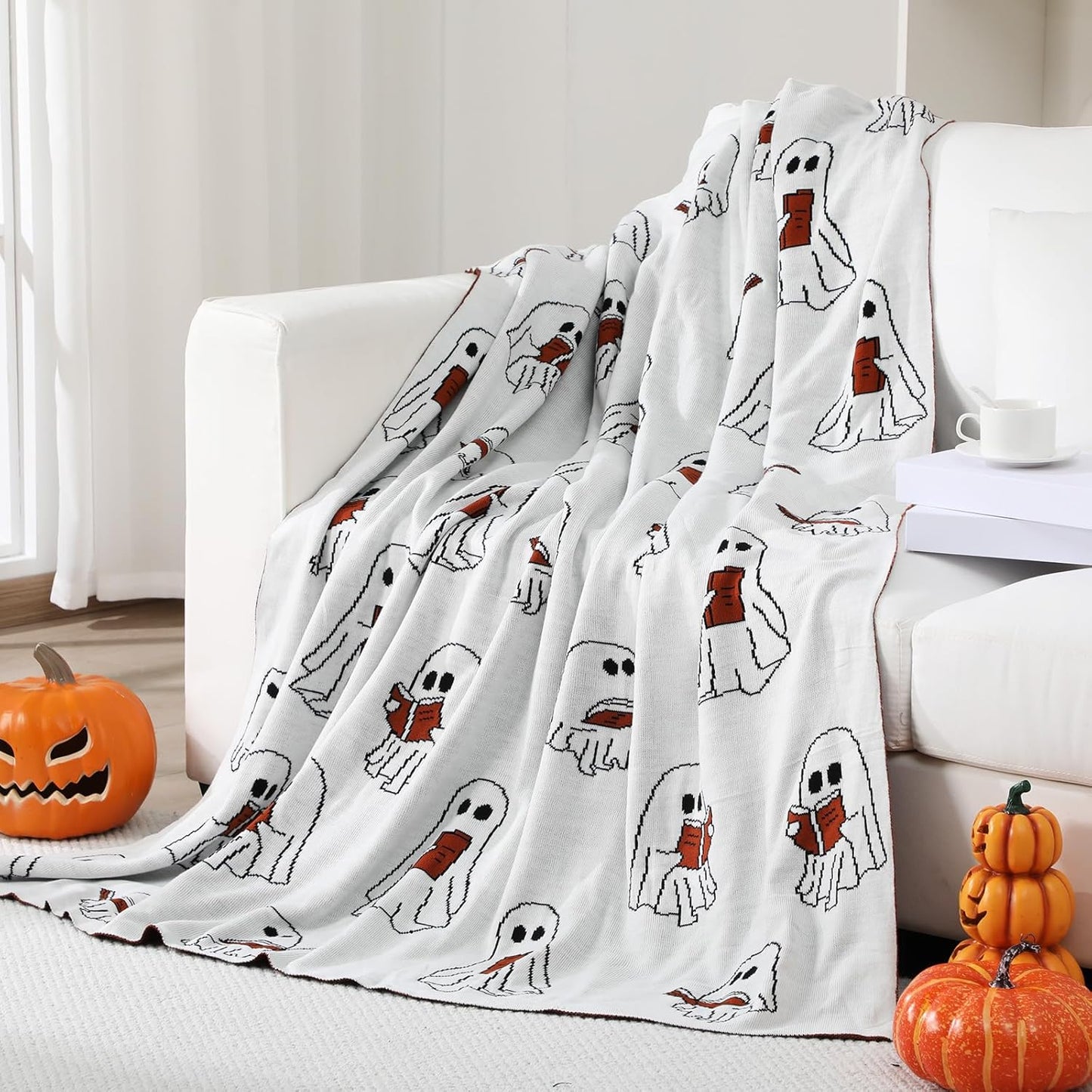 Easter Day Halloween Ghost Reading Book Blanket 50 x 60 Inches Soft Knit Throw with Ghosts Reading Book Pattern Halloween Easter Decoration Gift for Living Room Couch Sofa Bed