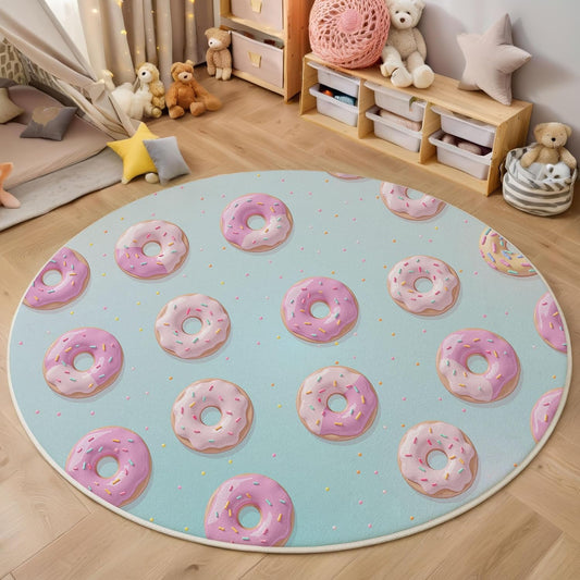 Round Rug for Kids Room, Cute Sugar Granules Donuts Round Rugs 5.25Ft, Fun Poster Circle Rug, Light Blue Washable Circle Carpet for Living Room Bedroom, Non Slip Low Pile Thin Area Rugs