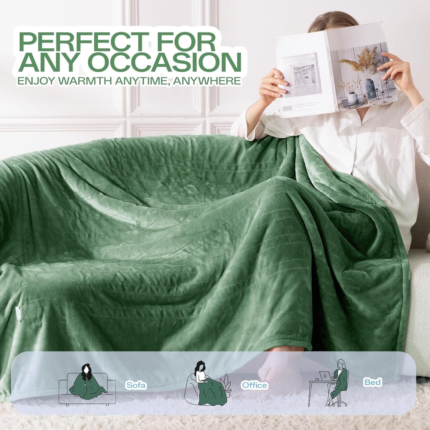 Electric Heated Blanket King Size, Dual Control Fast Heating Sherpa Blanket, 8 Heating Levels & 10 Hours Auto Off, Machine Washable with ETL & FCC Certified, Green