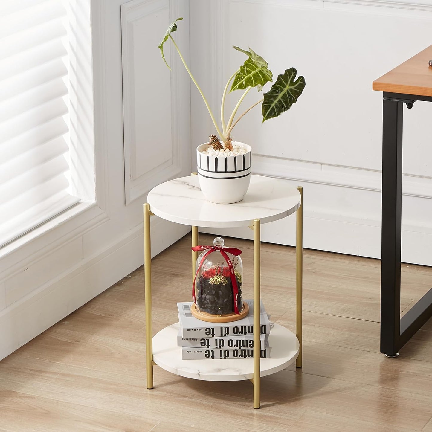 2 Tier Round Side Table, Folding End Tables Coffee Table Simplistic Sofa Table Waterproof Removable Tray Table Indoor Outdoor Accent Table for Living Room Bedroom (Faux Marble White, 1pcs)