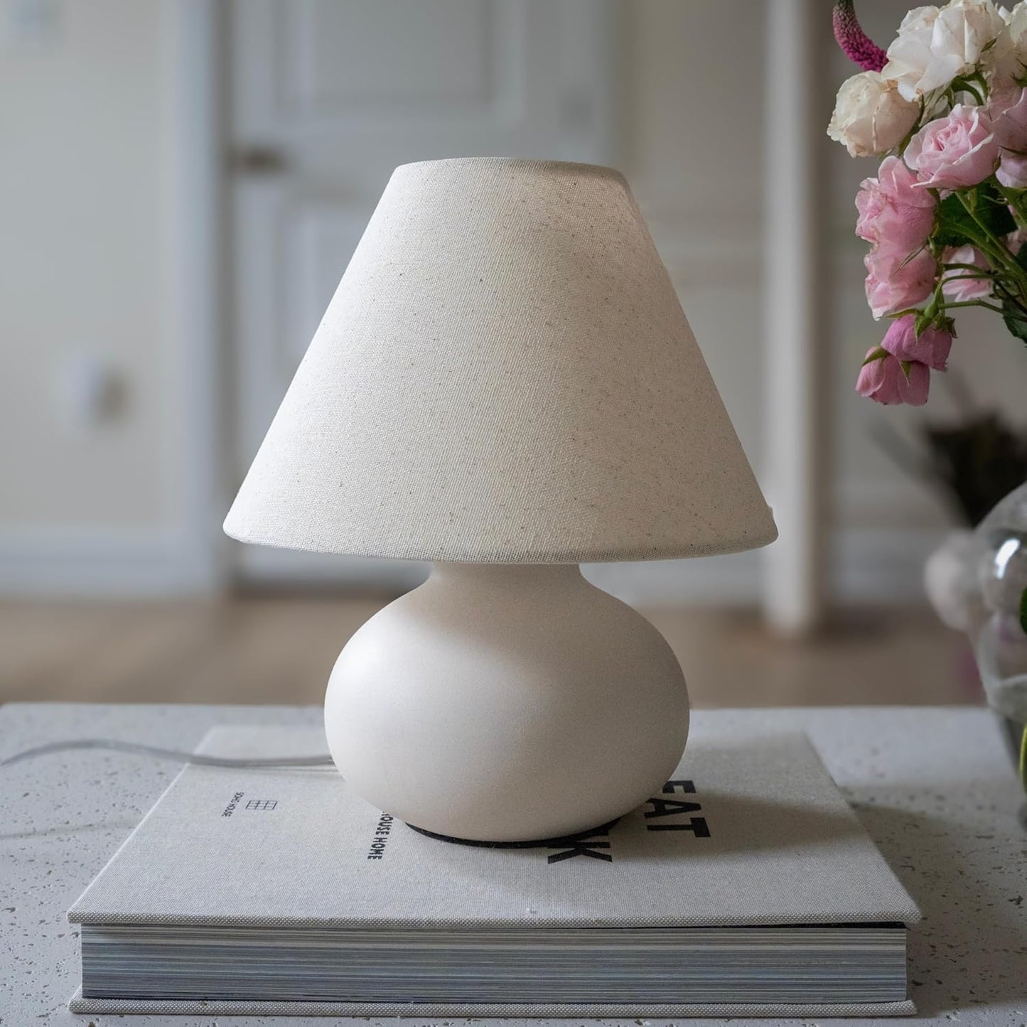 11" Small Table Lamp – Handmade Round Ceramic Cream Base with Off-White Fabric Shade, Dimmable Plug-in Nightstand or Accent Light – Organic Boho Japandi Decor for Bedroom or Small Spaces