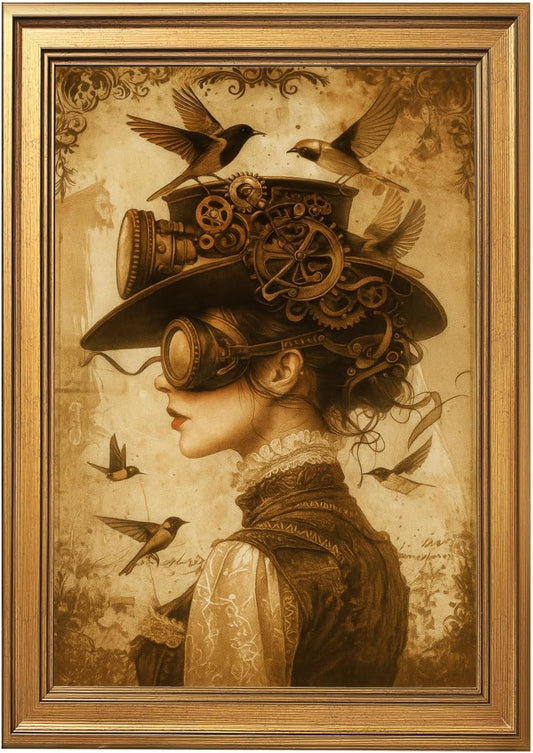 Licpach Gold Framed Dark Academia Wall Art Vintage Abstract Woman Hummingbird Poster Gothic Victorian Female Portrait Canvas Print Moody Mid-Century Aesthetic Artwork for Bedroom Dorm Decor 12x16inch