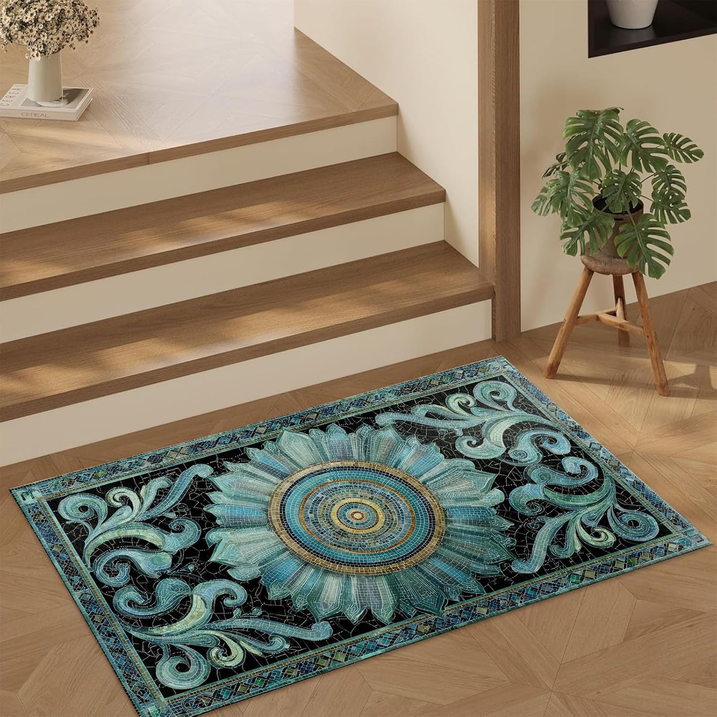 Mandala Door Mat Indoor 17x29.5 Inch Non Woven Entryway Area Rug, Blue Tile with Black Background Floor Mats, Artistic Front Doormats for Bathroom Kitchen Bedroom Home Doormat Decor Gifts
