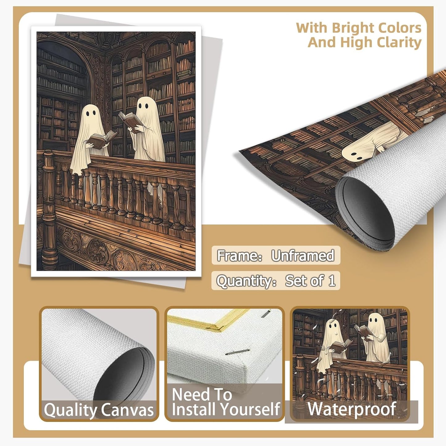 Moody Halloween Wall Art Two Cute Ghosts in A Library Poster Spooky Ghost Decor Dark Academia Canvas Print Reading Book Aesthetic for Living Room Apartment Bedroom 12x16inch Unframed