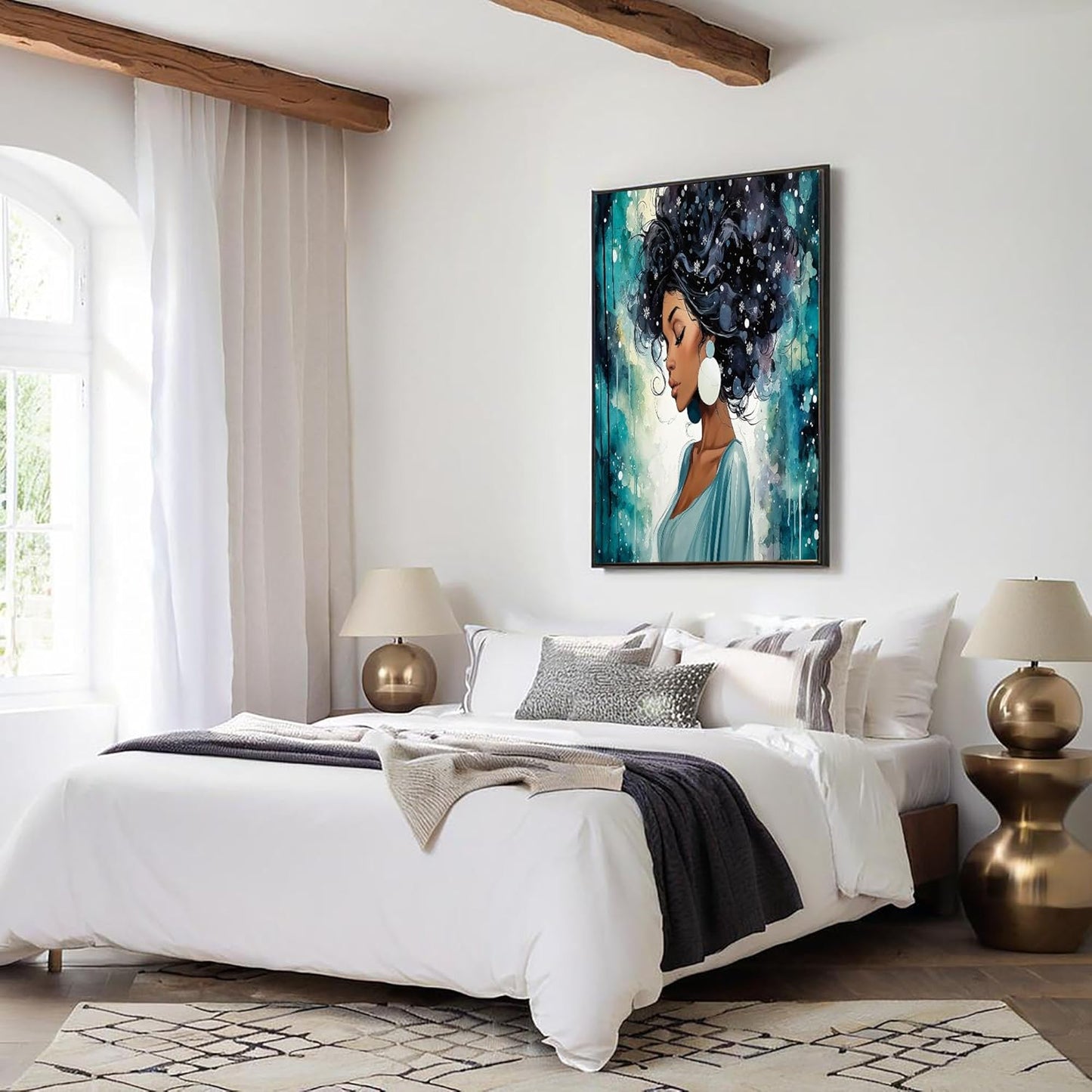 GDJSMIN Watercolor Style Wall Art, Beautiful Black Woman Light Blue Dress Poster for Reading Room Living Room Decor 16x 24 inch Unframed