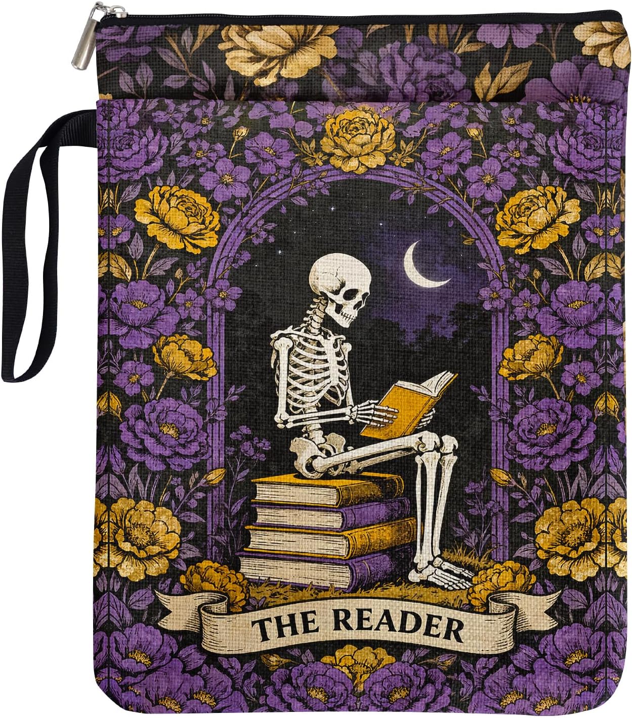 Gothic Skeleton Purple Garden Book Sleeve Pouch for Book Lovers, Fantasy Novel Reader Gifts for Reader Writer, Tarot Bookcovers Protector for Paperbacks with Handle, Reading Accessories for Student