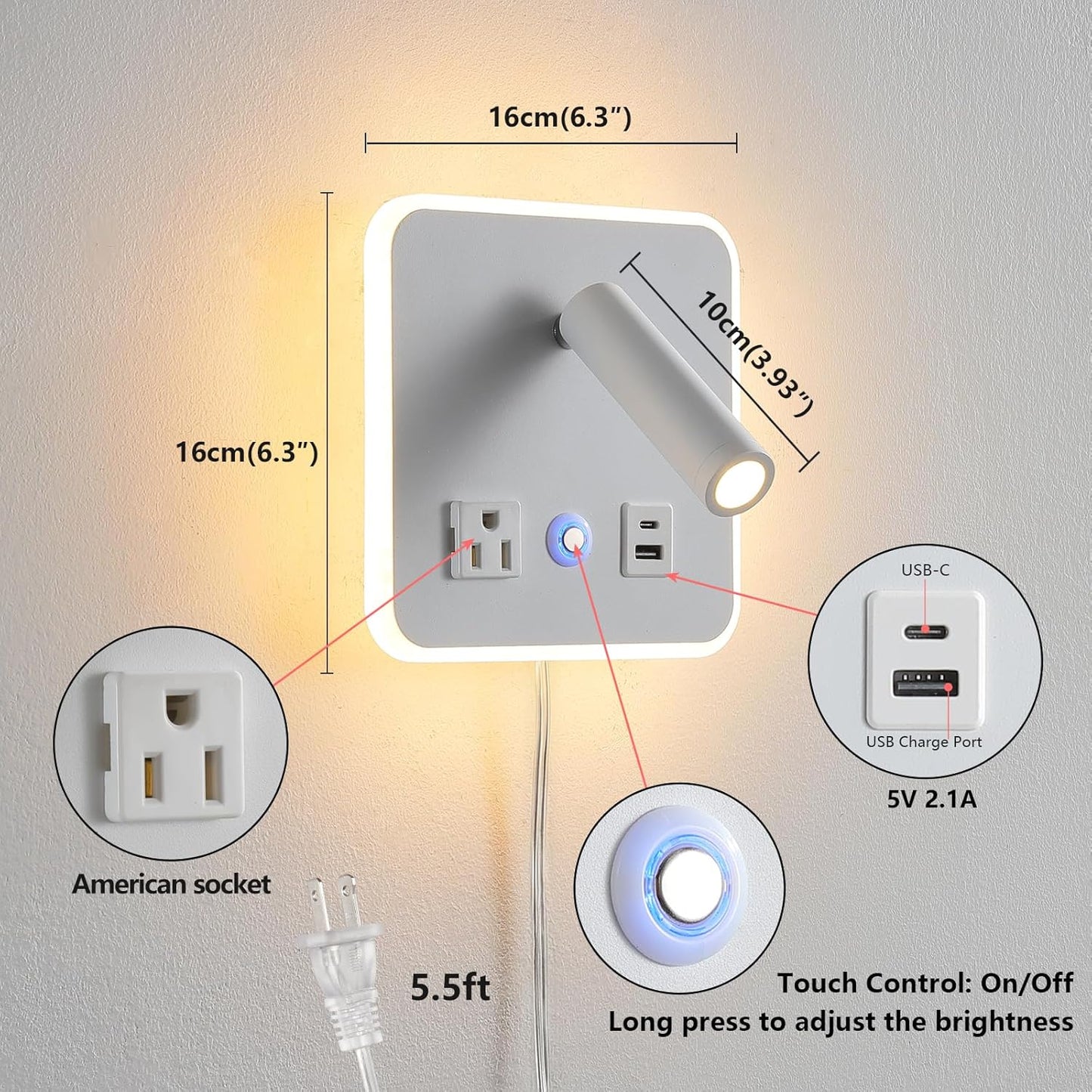 LED Wall Lamp Dimming Wall Mounted Reading Lights, Adjustable Headboard Plug in Wall Sconce with USB+USB C Ports, Headboard Bedside Lamp with 6W+3W Night Light 3000K (White)