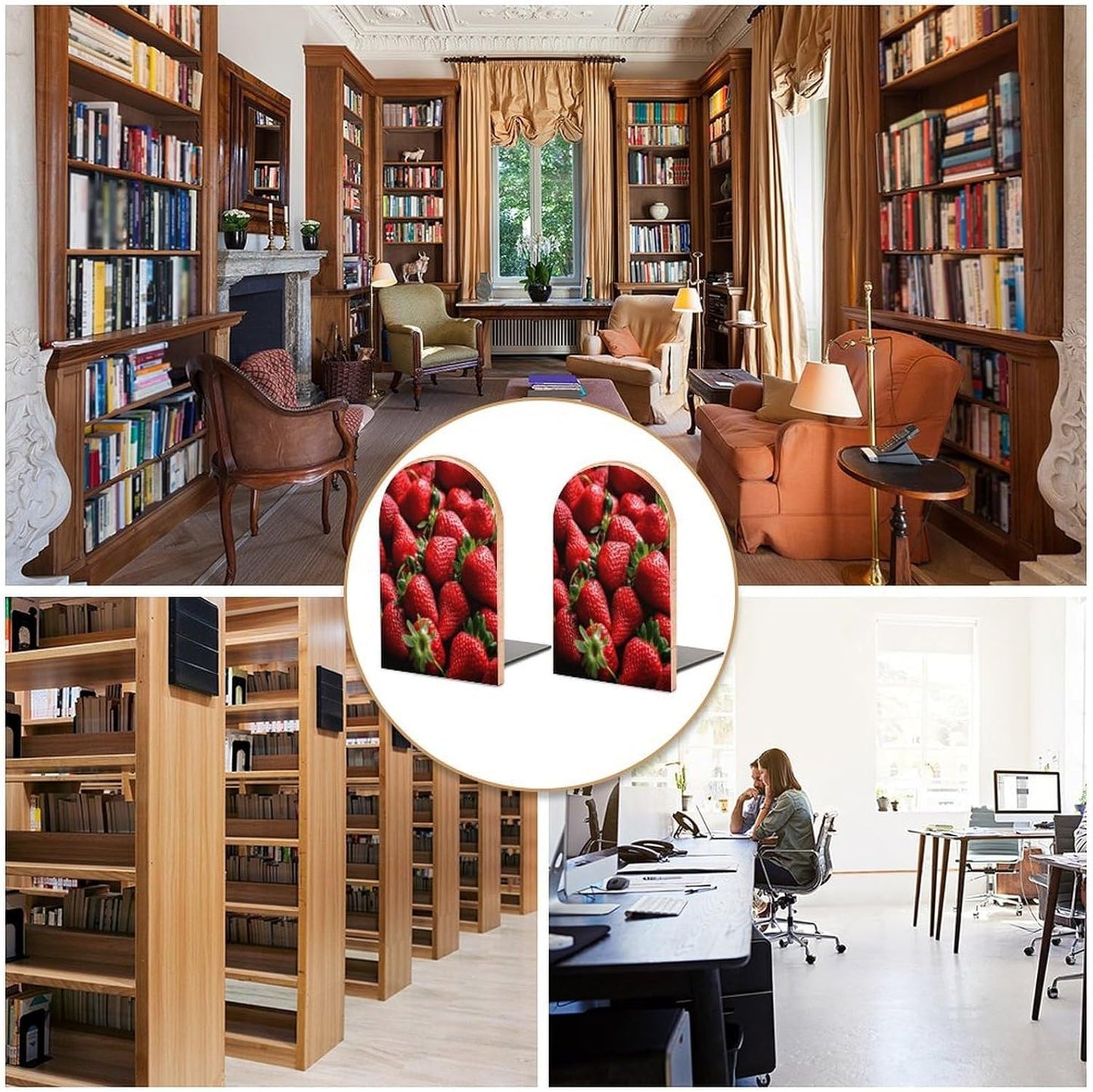Fresh Strawberries Bookends 1 Pair Heavy Duty Book Ends for Shelves Non-Skid Bookend Supports Wooden Book Holders with Metal Base Desk Organizers Books Storage to Hold Books