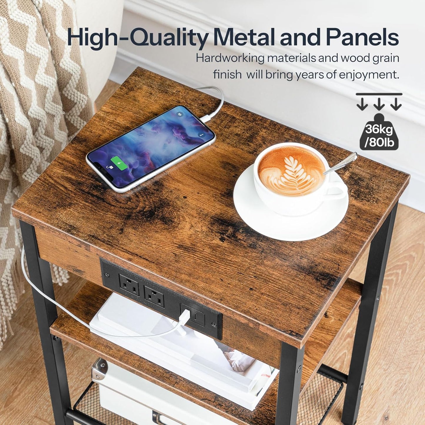 HOOBRO Side Table with Charging Station and USB Port, Small End Table for Small Space, 3-Tier Nightstand with Adjustable Shelf, for Living Room, Bedroom and Balcony, Rustic Brown BF112BZ01