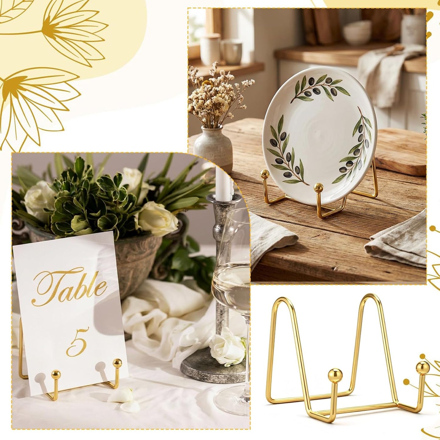 12 Pcs 3 Inch Gold Plate Stand, Decorative Plate Holder Metal Tabletop Picture Frame Stand for Photo Frames, Pictures, Book, Plates