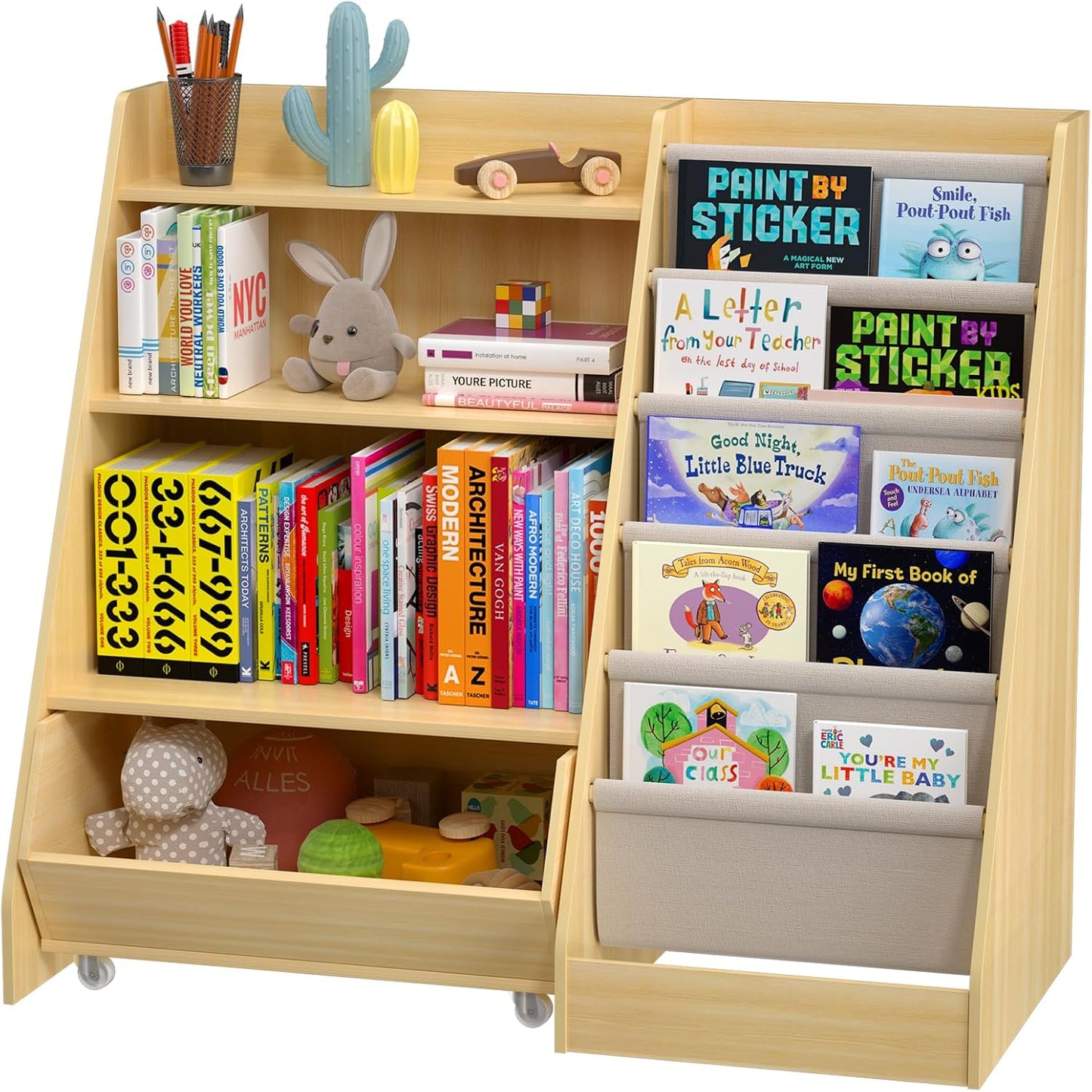 Kids Bookshelf and Toy Storage, 4 Tier Toddler Bookshelf with Movable Drawer, 5 Layer Sling Children Bookcase for Book Storage and Display