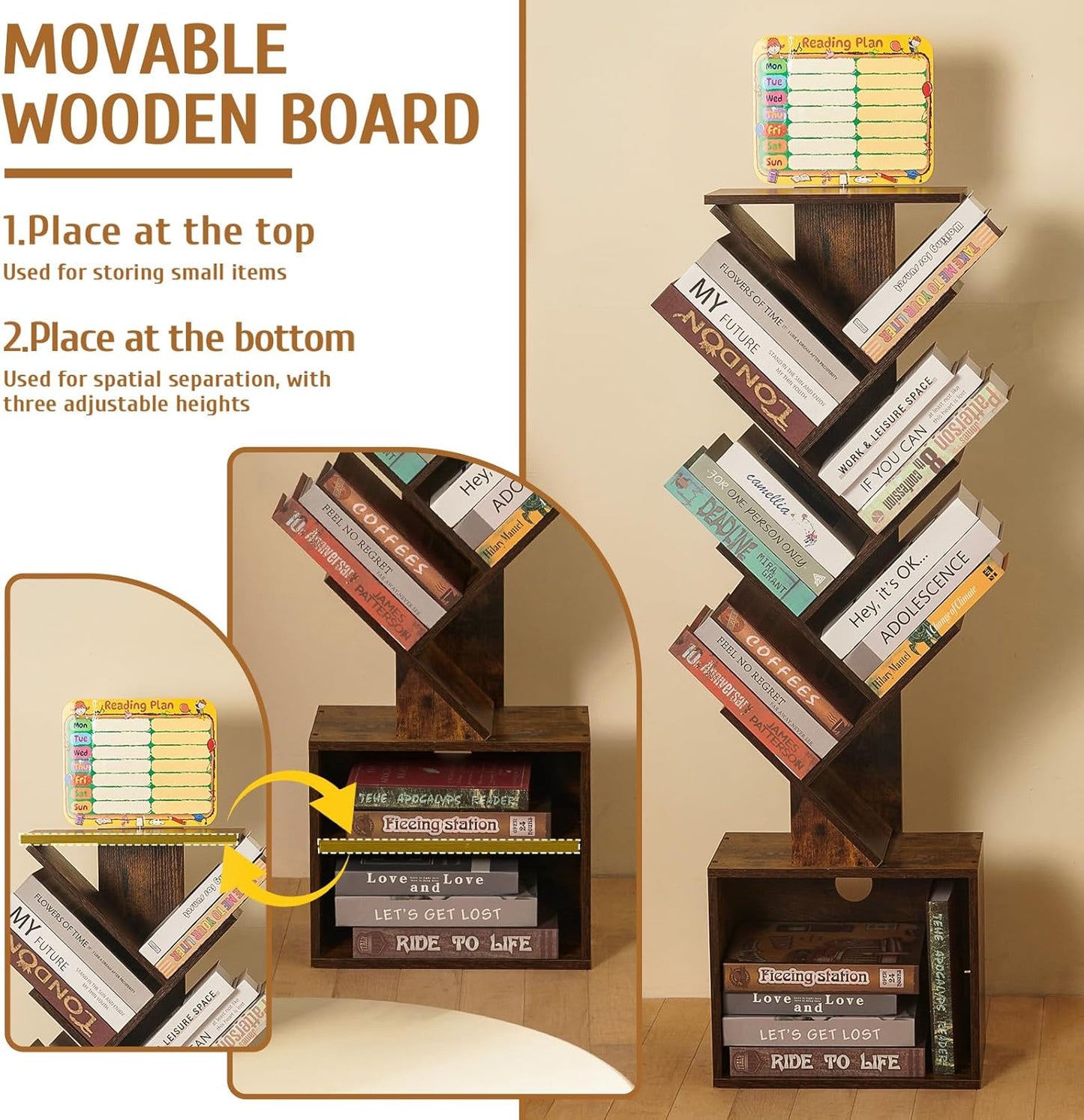 7 Tier Tree Book shelf, Small Bookcase with Reading Planner and Activity Panel, Modern Floor Standing Corner Tall Narrow Storage Cabinet Bookshelves for Home Office Bedroom Living Room (Rustic Brown)