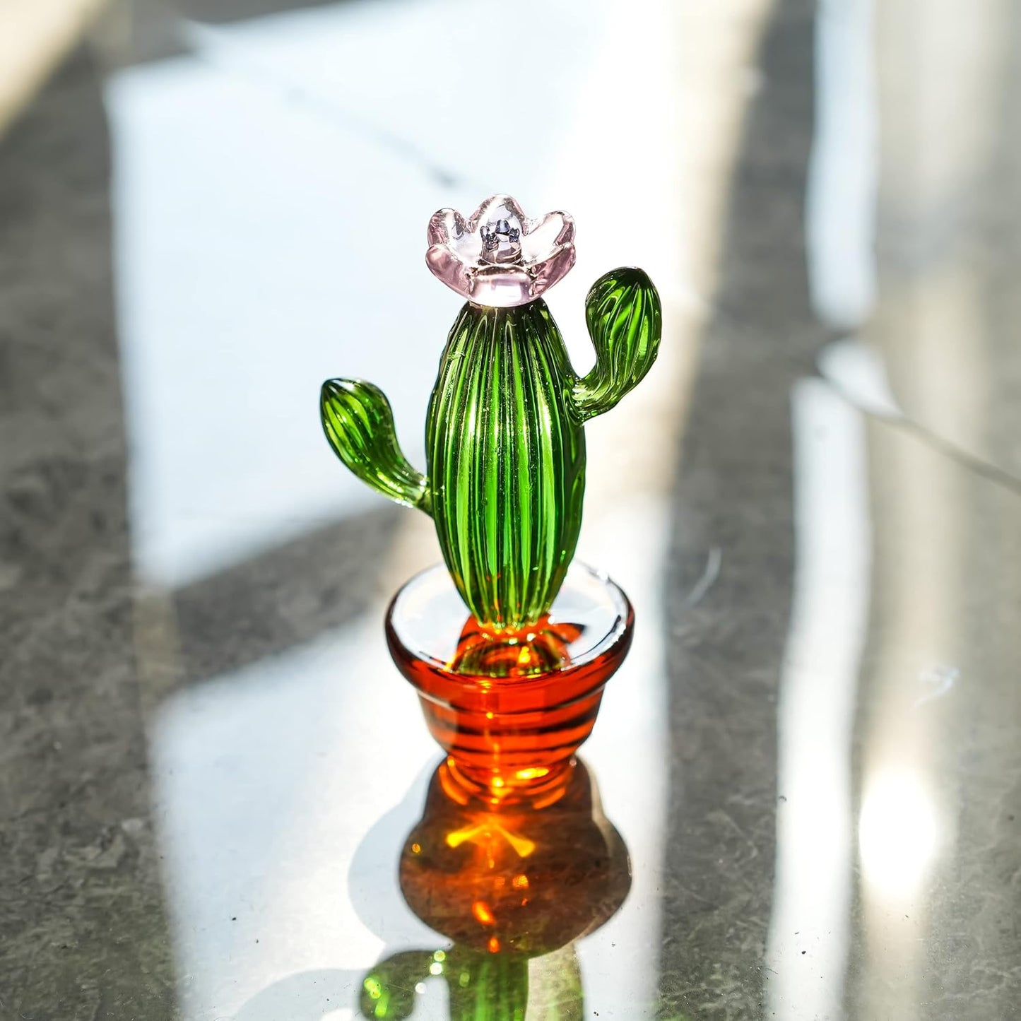 4.3inch Handmade Blown Glass Art Cactus Figurine Crystal Cactus Decor Ornaments Collectibles Glass Home Tabletop Simulation Plants Decoration Ornaments Gift for Mum Women