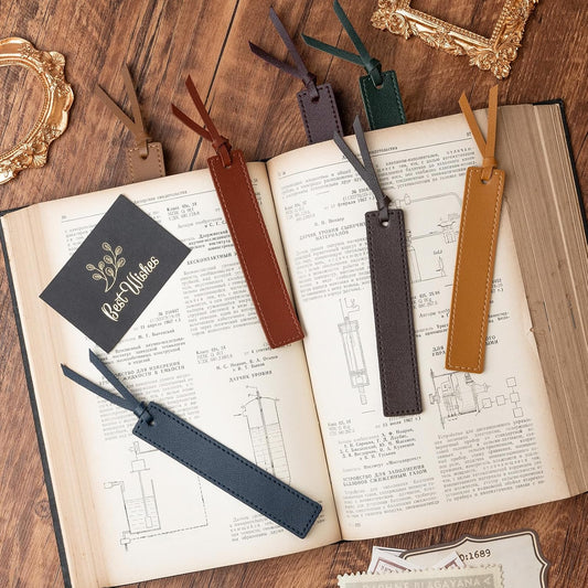 6 Pcs Leather Bookmark with Tassel, Classic Style Bookmark, 0.05 Inches Thin Handmade Stitched Bookmarks for Men, Book Marks for Reading, Gifts for Book Lovers, Readers (Light Retro)