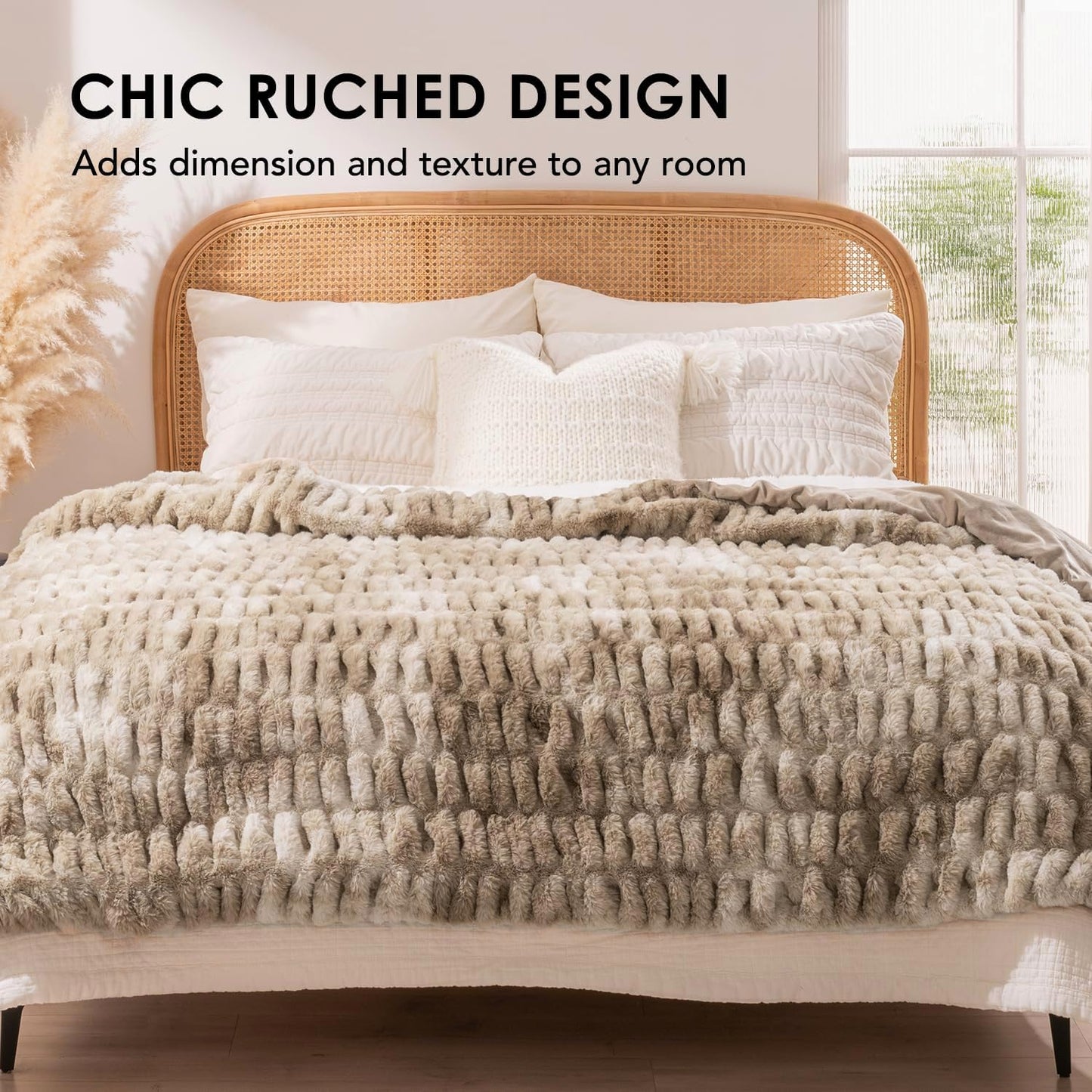 EVERGRACE Luxurious Soft Faux Rabbit Fur Throw Blanket, Cozy Fuzzy Plush Warm Throws for Couch Bed Sofa Chair Home Decor, Ruched Bubble Fluffy Blanket with Reversible Velvet, 60" x 80", Beige