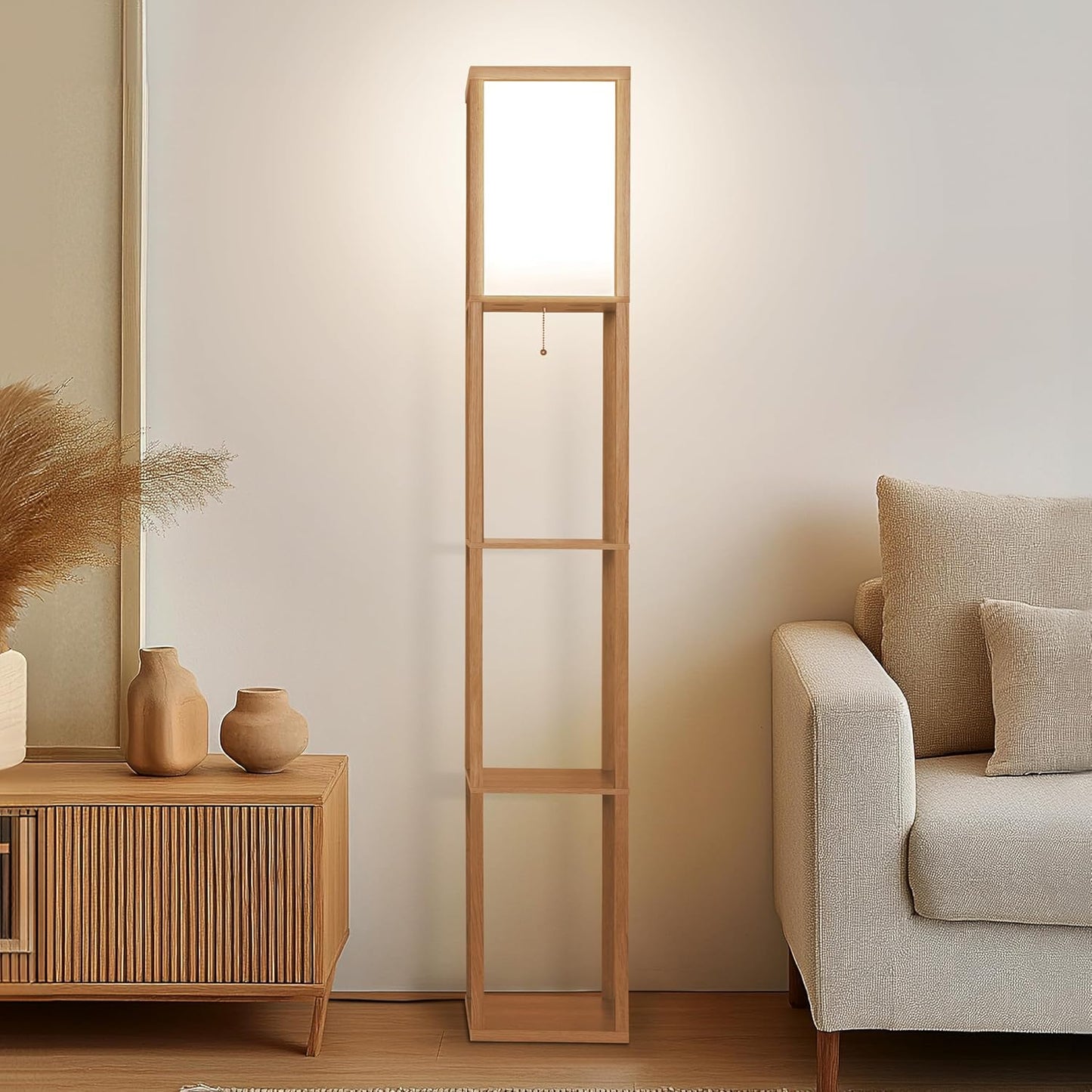 Brightech Maxwell - Modern Shelf Floor Lamp with Lamp Shade & Warm White LED Bulb, Corner Display Floor Lamp with Shelves for Living Room, Bedroom, Nightstand Office, Home Decor Storage - Natural Wood