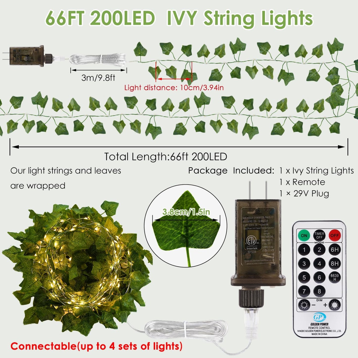 OMIKA Vine with Fairy Lights Plug in, 66FT 200 LED Ivy String Lights Connectable with Remote, Leaf Light Waterproof for Bedroom, Room, Wall, Garden, Party, Wedding Decor (Warm White)