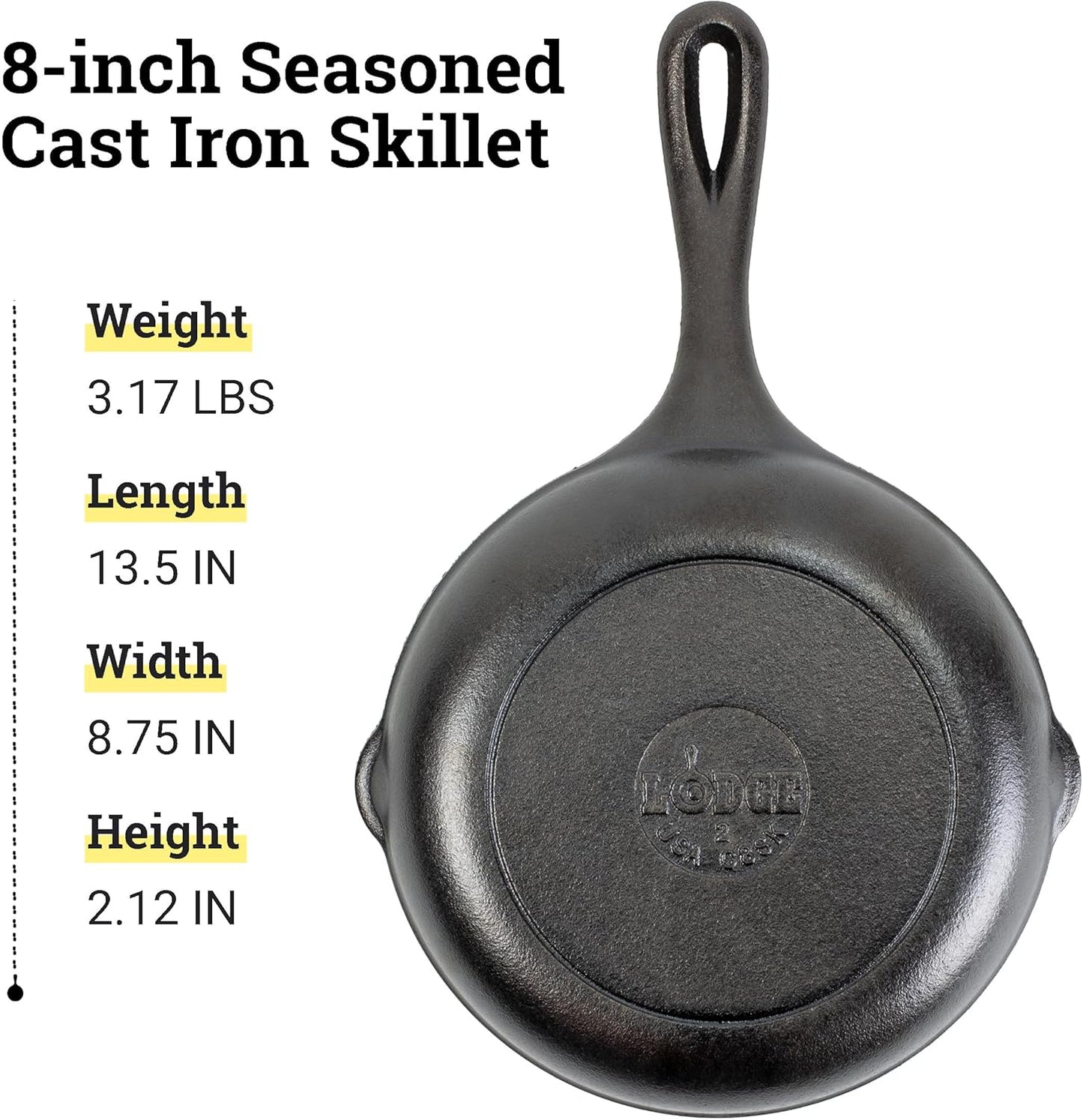 Lodge 8" Cast Iron Skillet - Chef Collection - Perfect Sear - Ergonomic Handles - Superior Heat Retention - Cast Iron Cookware & Skillet
