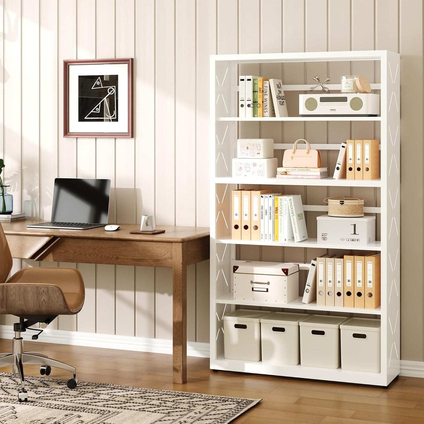5 Tier Bookcase,Industrial Bookshelf,55" White Metal Tall Bookshelf with Adjustable Feet and Adjustable Shelves,Home Office Bookcase Shelf Storage Organizer for Living Room、Kitchen